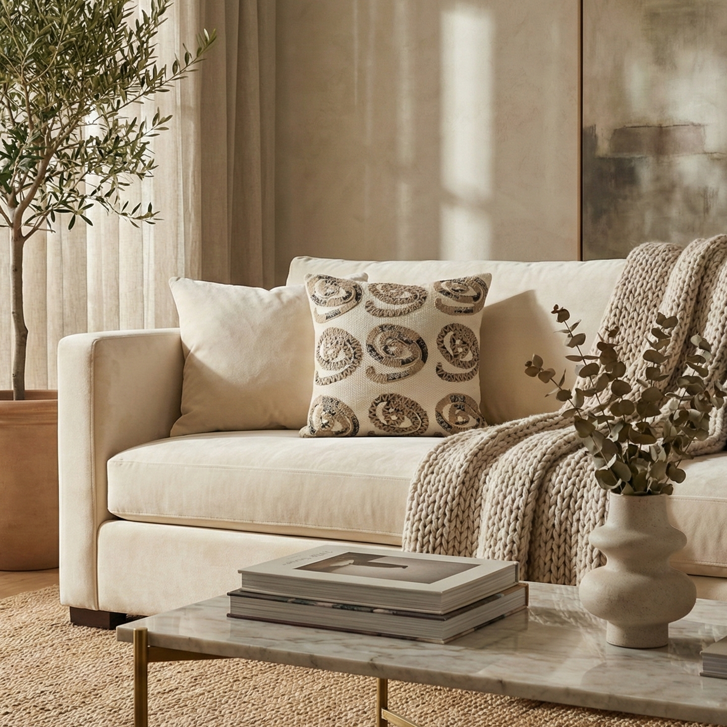 Embroidered Contemporary Cushion Cover (Beige Commas)