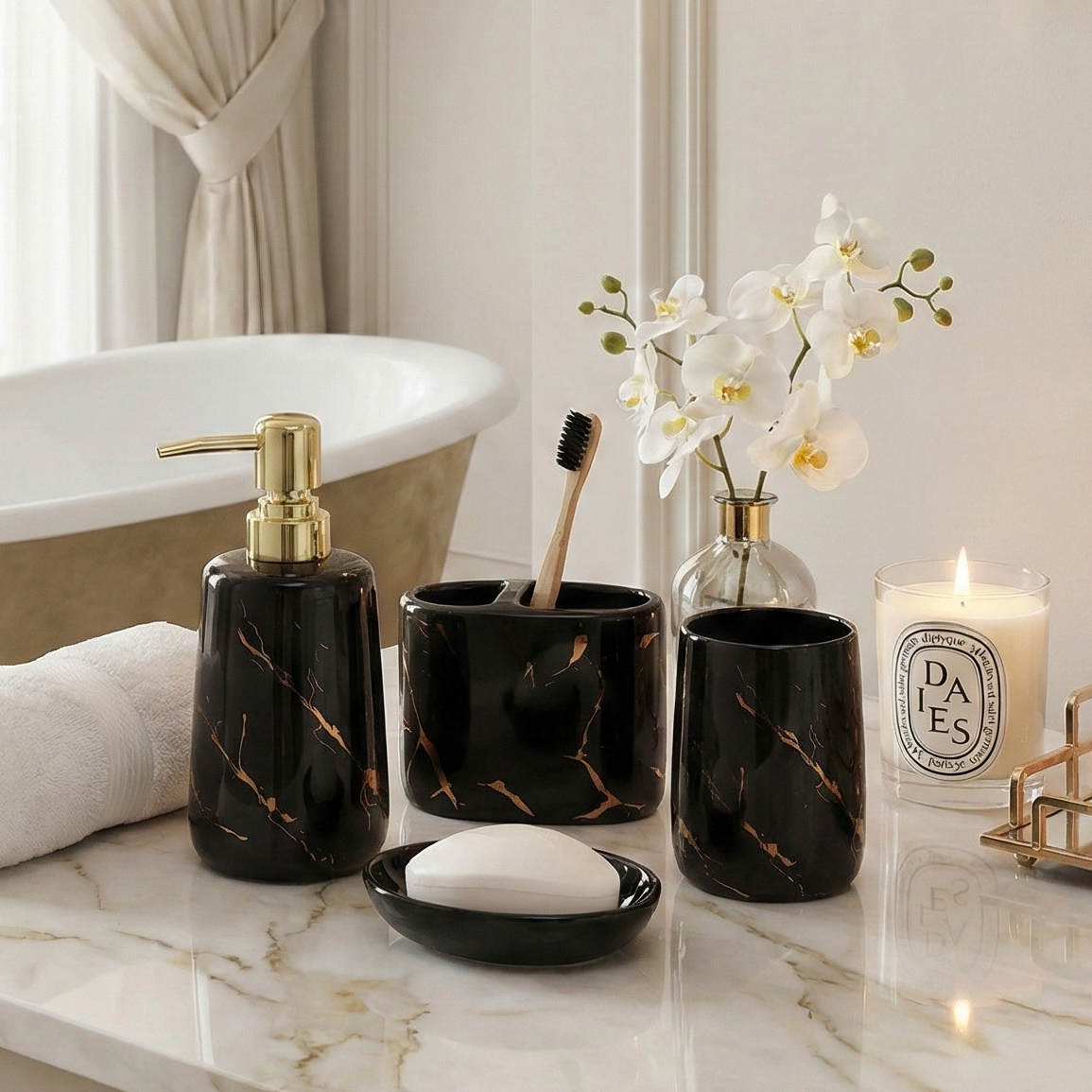Black-Gold Marble Pattern 4 Piece Bath Set
