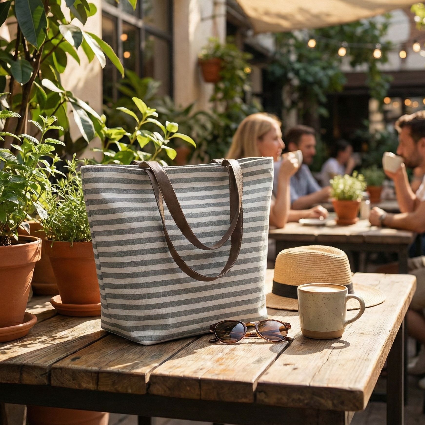 Grey Stripe CarryAll Tote with Leather Handles