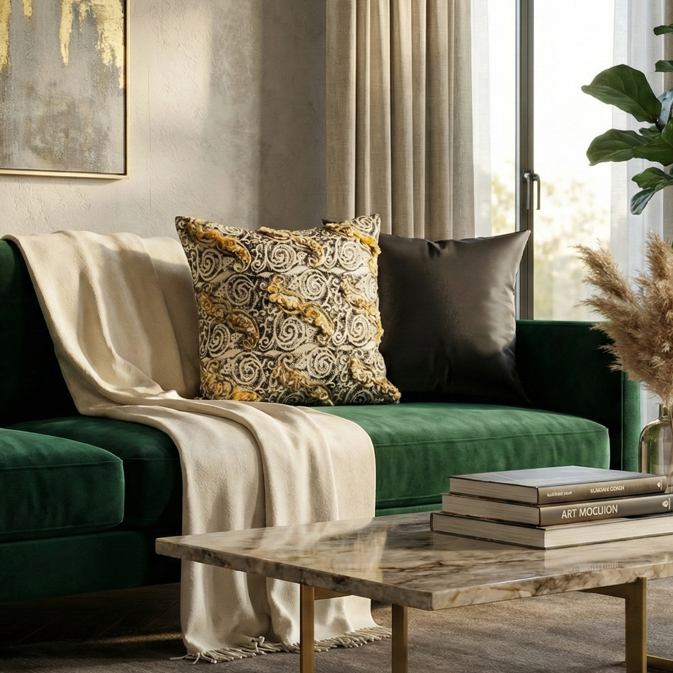 Embroidered Contemporary Cushion Cover (Beige-Black Swirls)