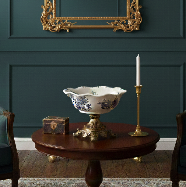 Blue Round Ceramic Bowl With Gold Base (Large)