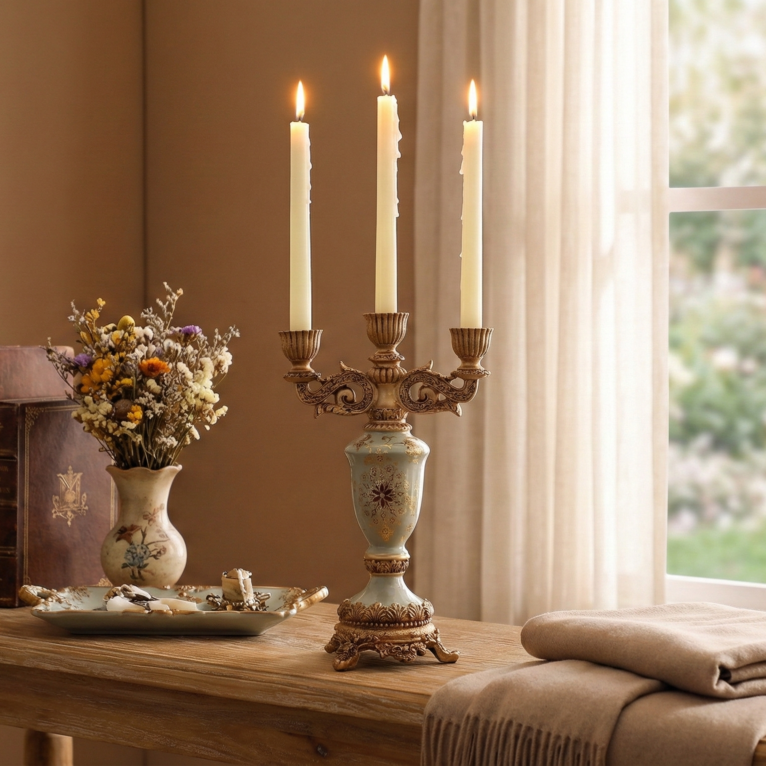 Regalia Gold and Blue Grey Candle Stand