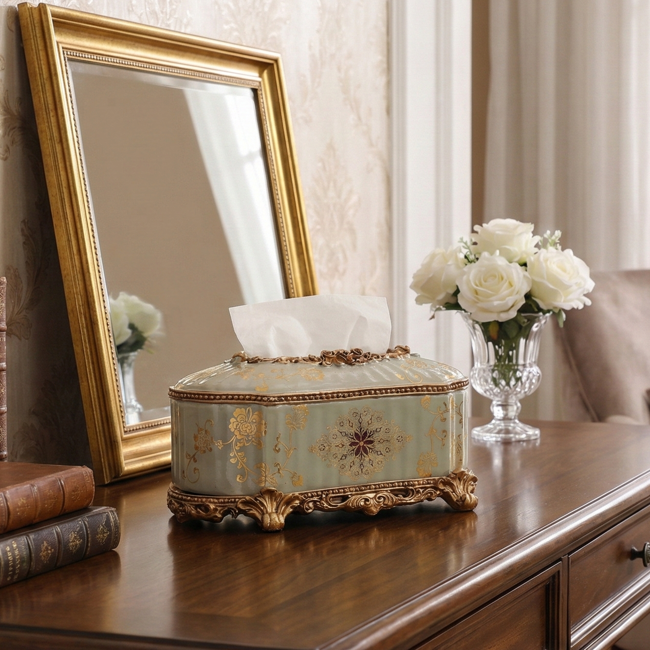 Regalia Gold and Blue Grey Tissue Holder