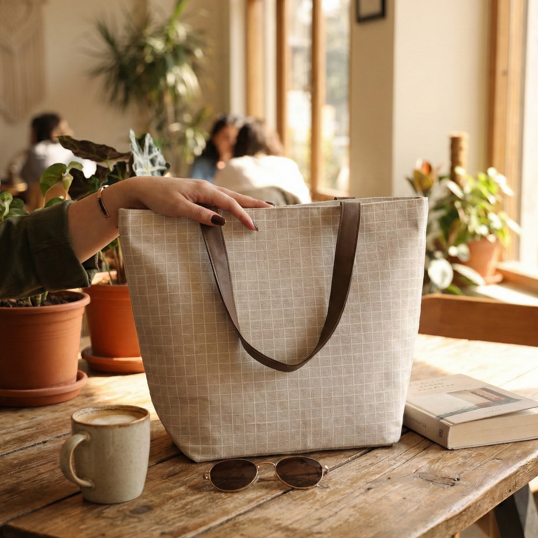 Beige Chequered CarryAll Tote with Leather Handles