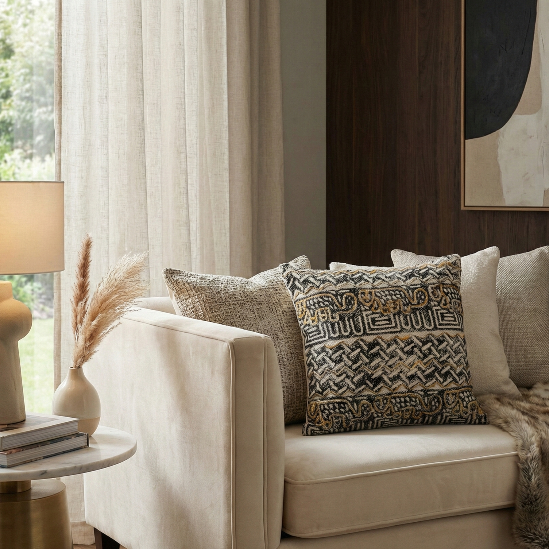 Embroidered Contemporary Cushion Cover (Black-Beige Abstract)