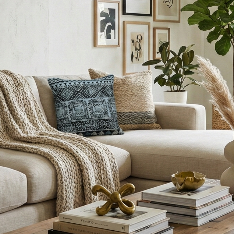 Embroidered Contemporary Cushion Cover (Blue Square)