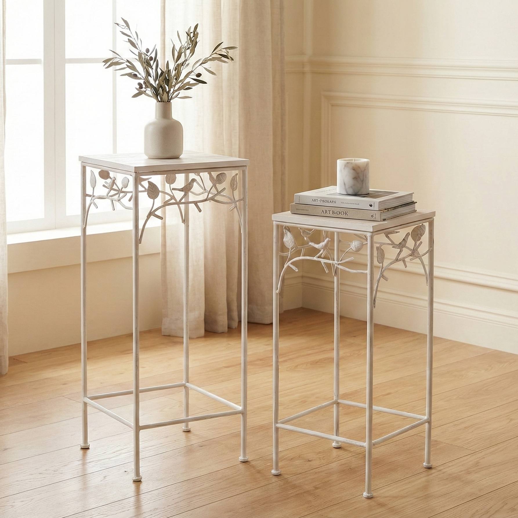 Square Bird Pattern Wood & Metal Tables (Set of 2)