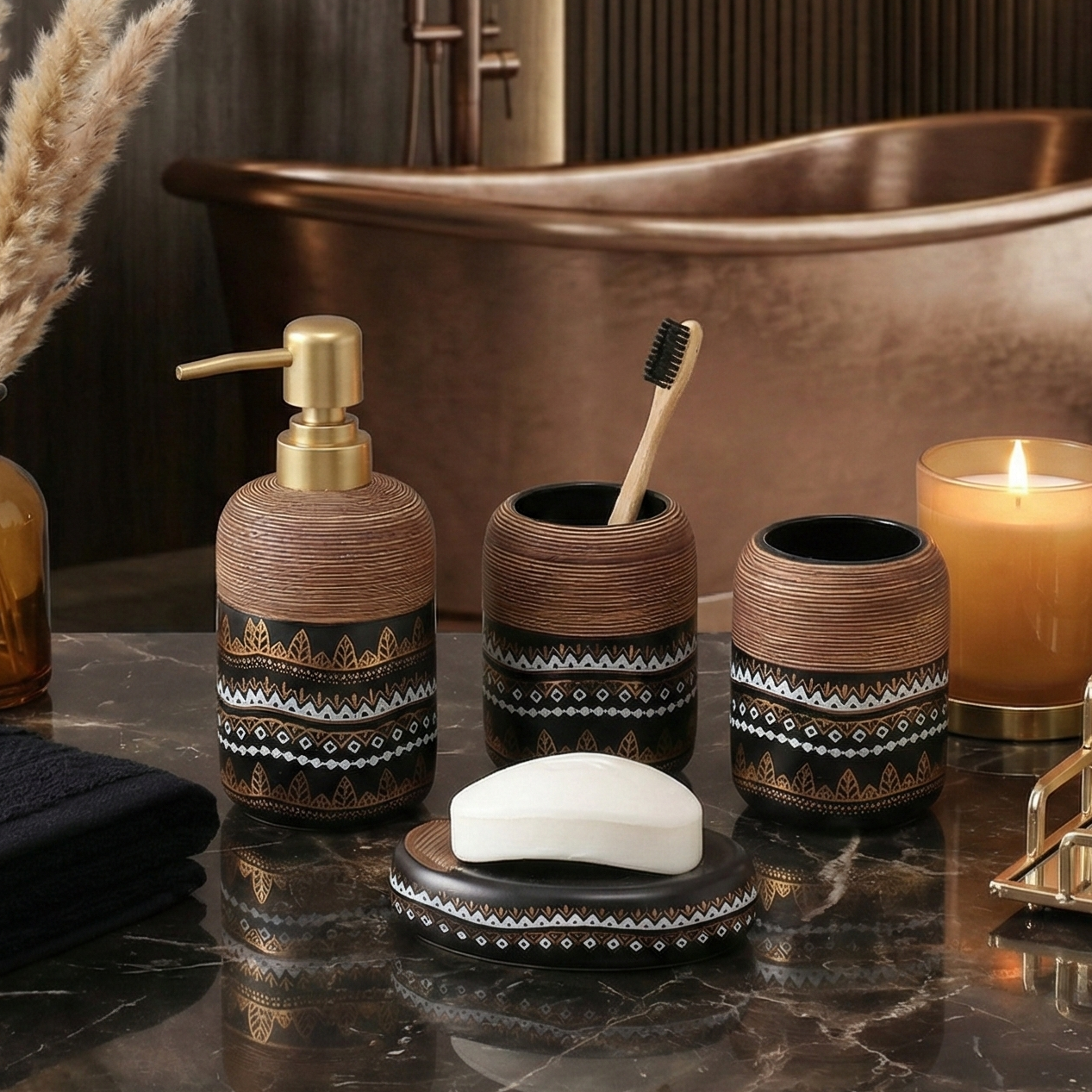 Earthy Aztec Pattern 4 Piece Bath Set (Black)