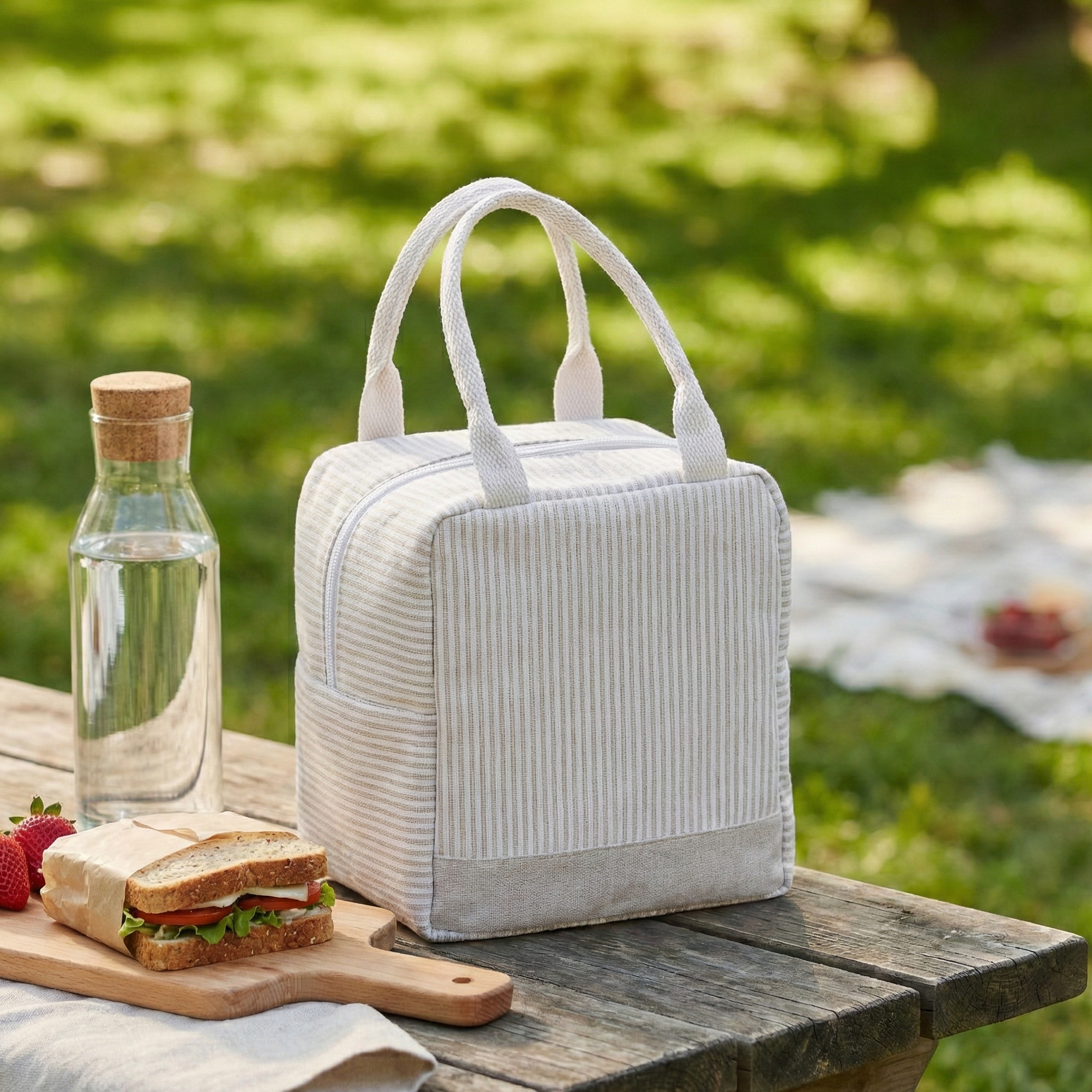 Modern Striped Insulated Lunch Bag (Beige)