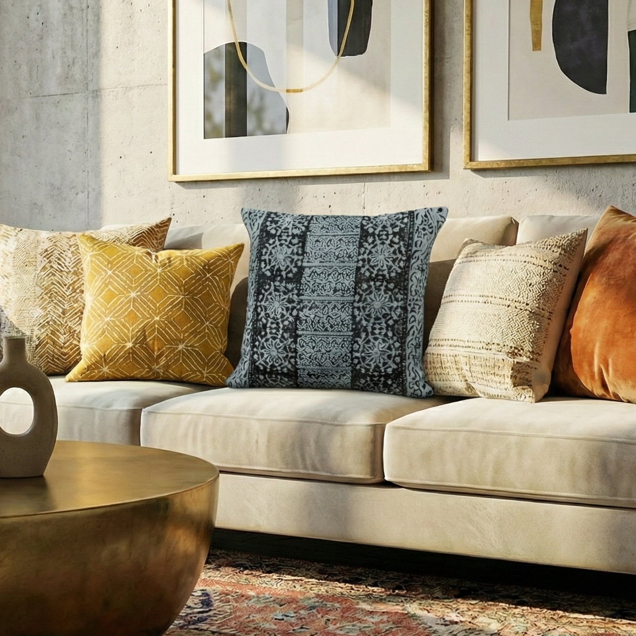 Embroidered Contemporary Cushion Cover (Blue Panel)