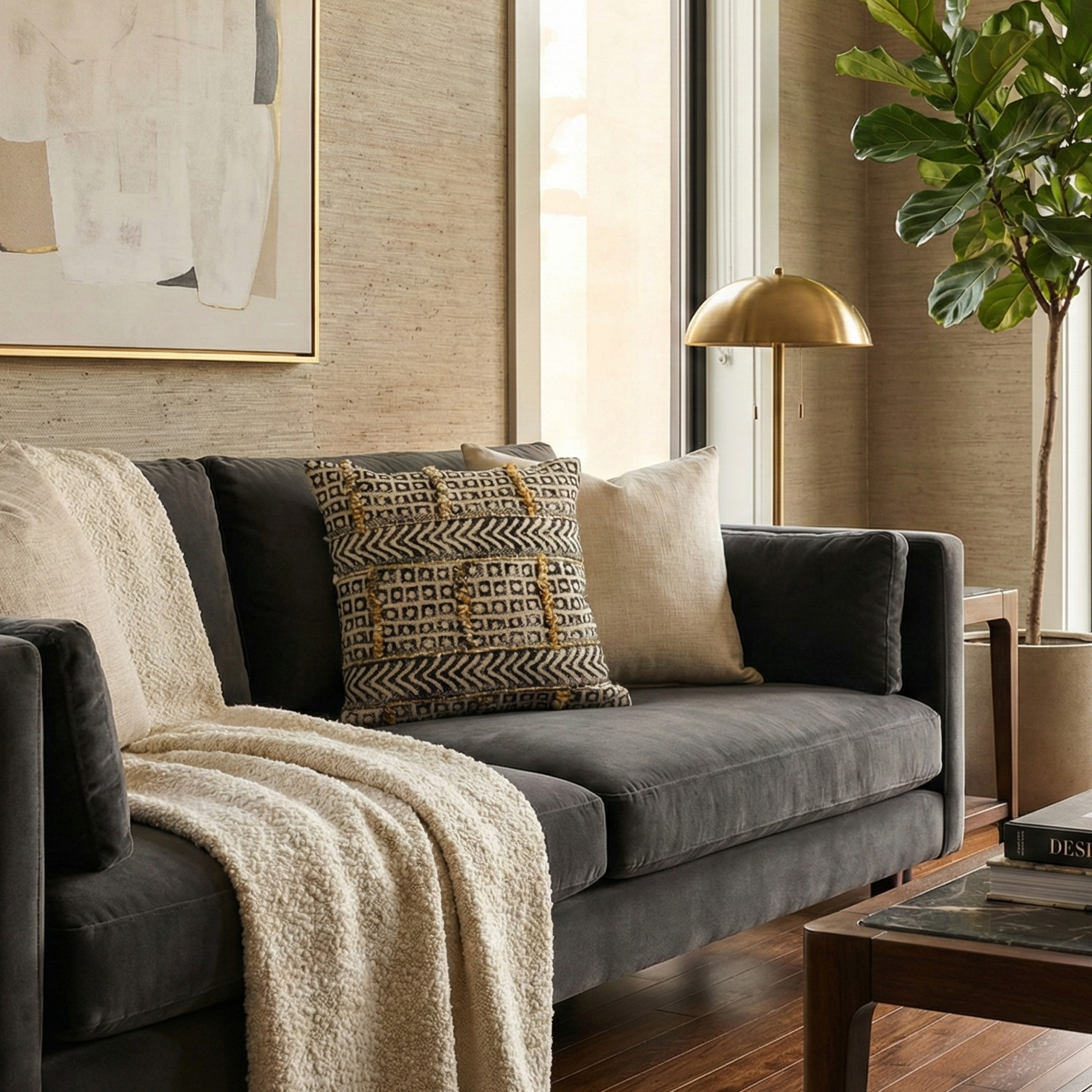 Embroidered Contemporary Cushion Cover (Black-Beige Square)