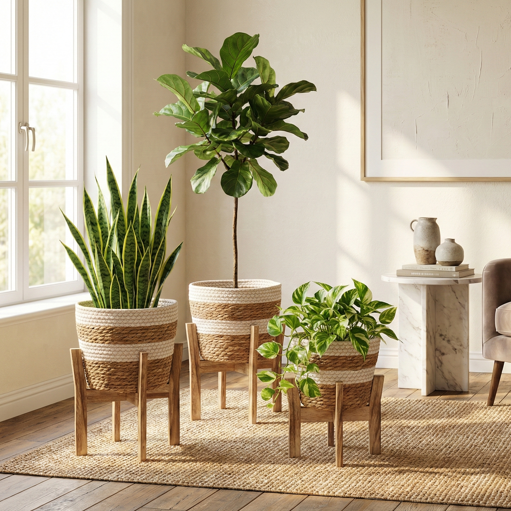 Jute Plant Baskets with Wooden Stands (Set of 3)