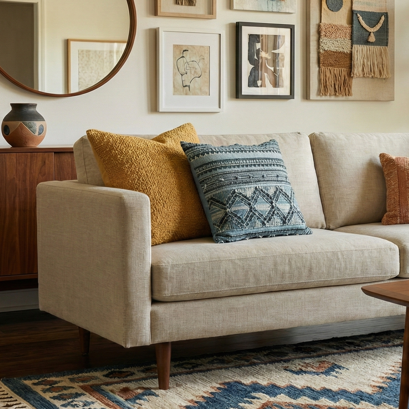 Embroidered Contemporary Cushion Cover (Blue Geometric)