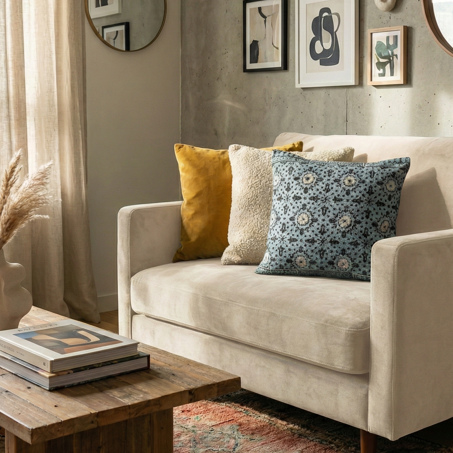 Embroidered Contemporary Cushion Cover (Blue Floral)