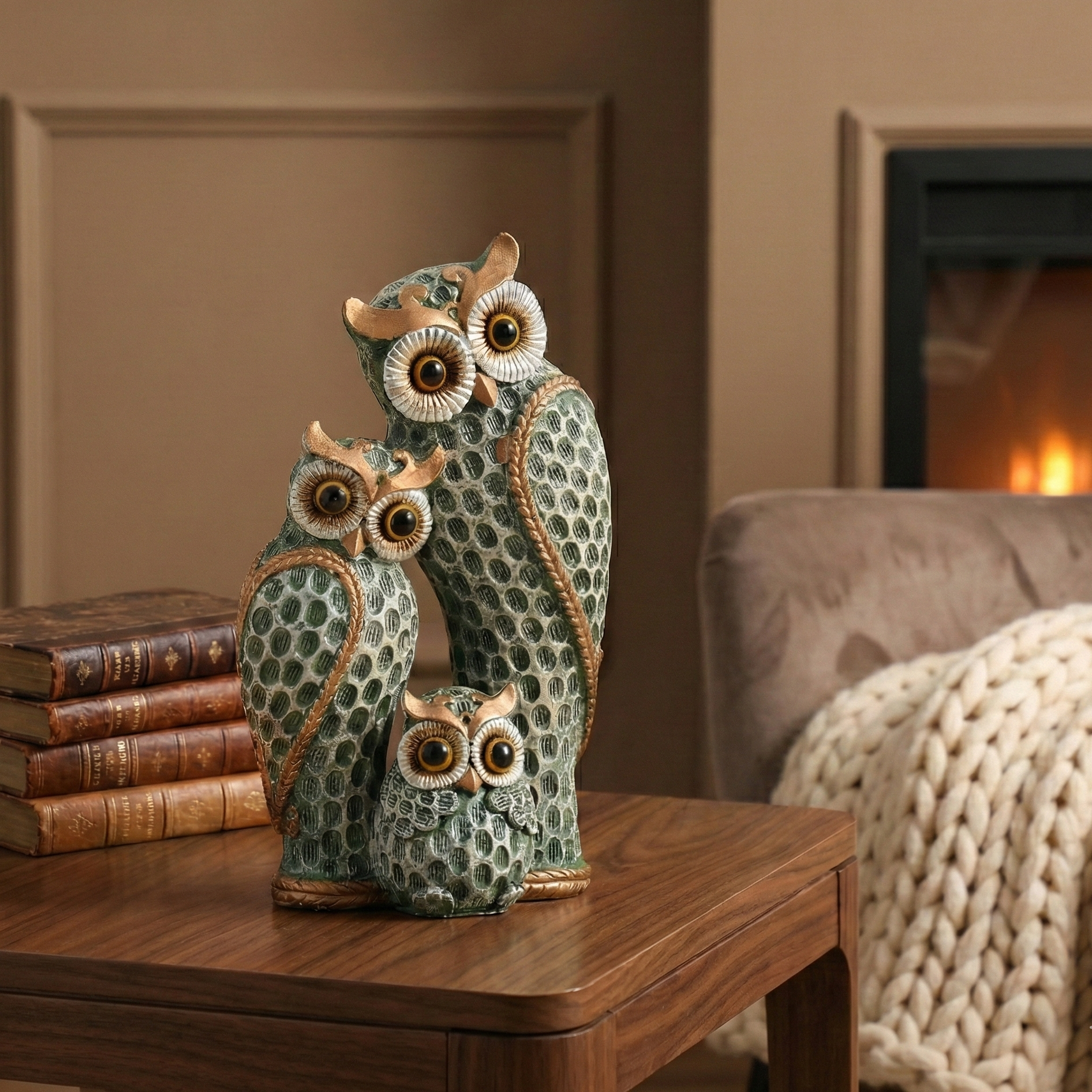 The Loving Owl Family Statue (Green)
