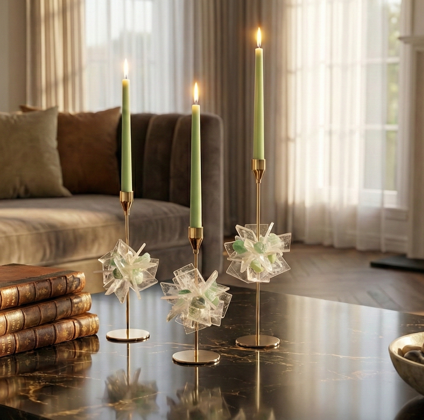 Green & White Crystal Candle Stand (Single)