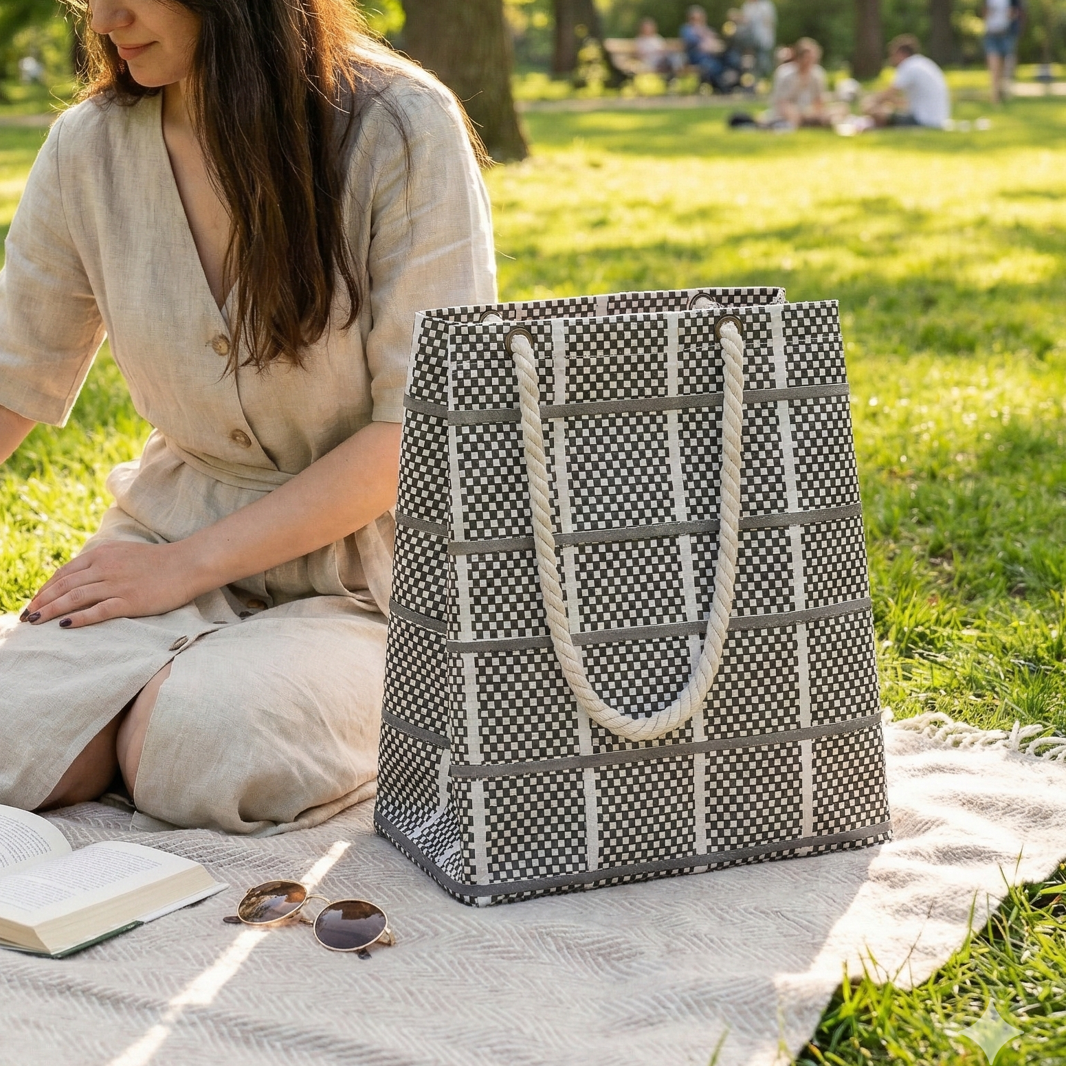 Geometric Grid Tote with Braided Rope Handles