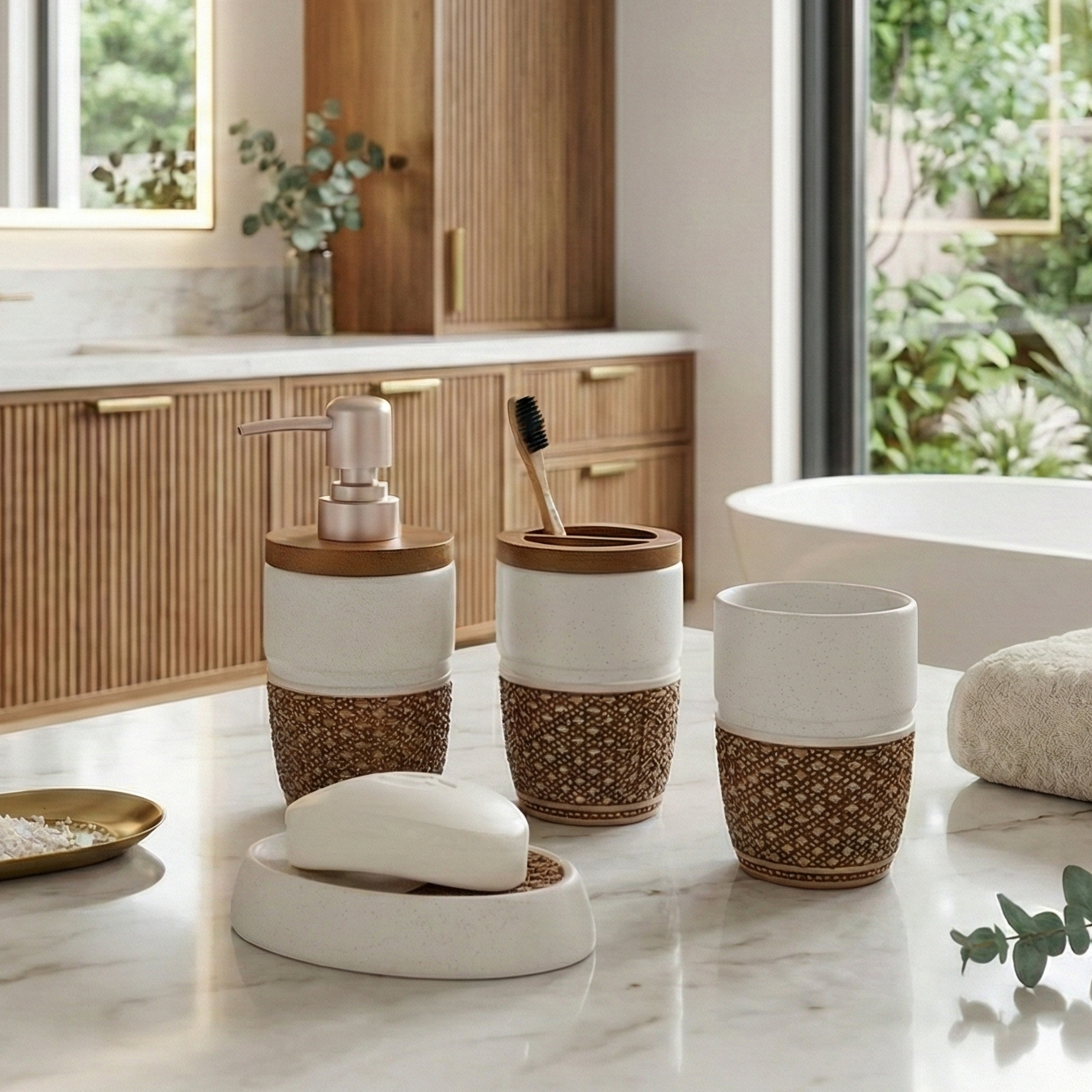 Long Meshed Pattern 4 Piece Bath Set (White)