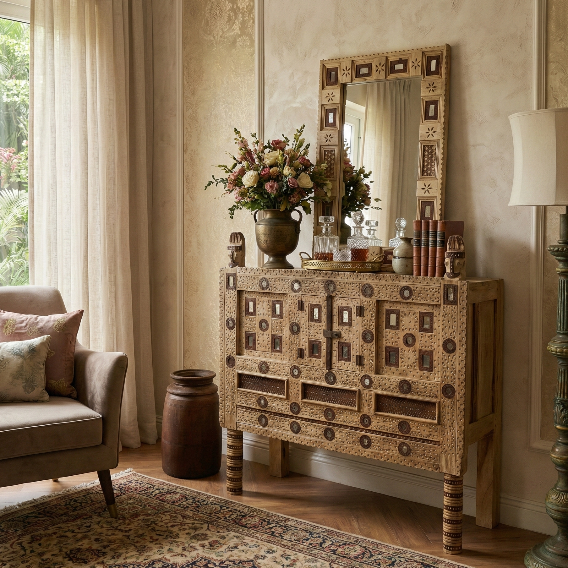 Antique Brown Damchi Console Table and Mirror
