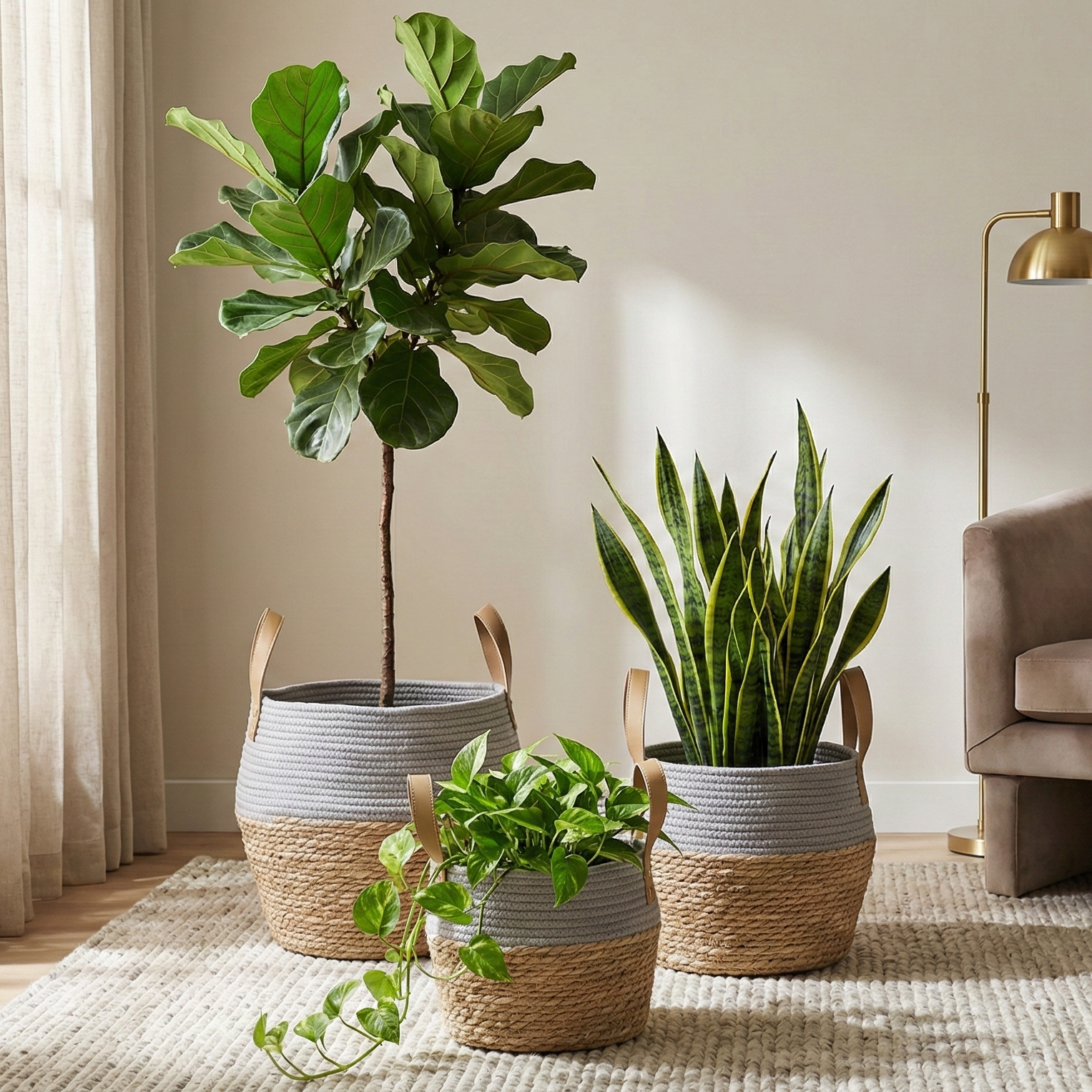 Jute and Fabric Plant Baskets with Handle (Set of 3) - Grey