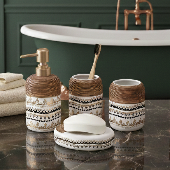 Earthy Aztec Pattern 4 Piece Bath Set (White)