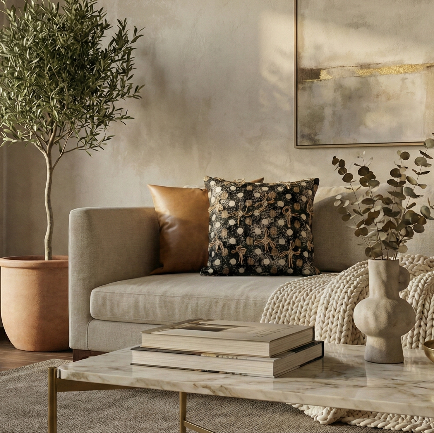 Embroidered Contemporary Cushion Cover (Beige-Black Polka Dots)