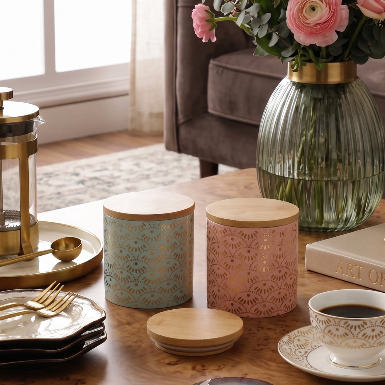 Gold Pattern Ceramic Jar with Wooden Lid (Single)