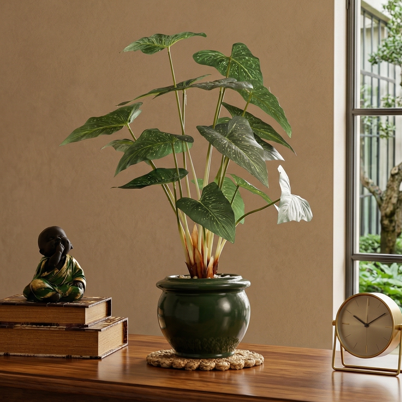 Green Caladium Faux Ceramic Potted Plant