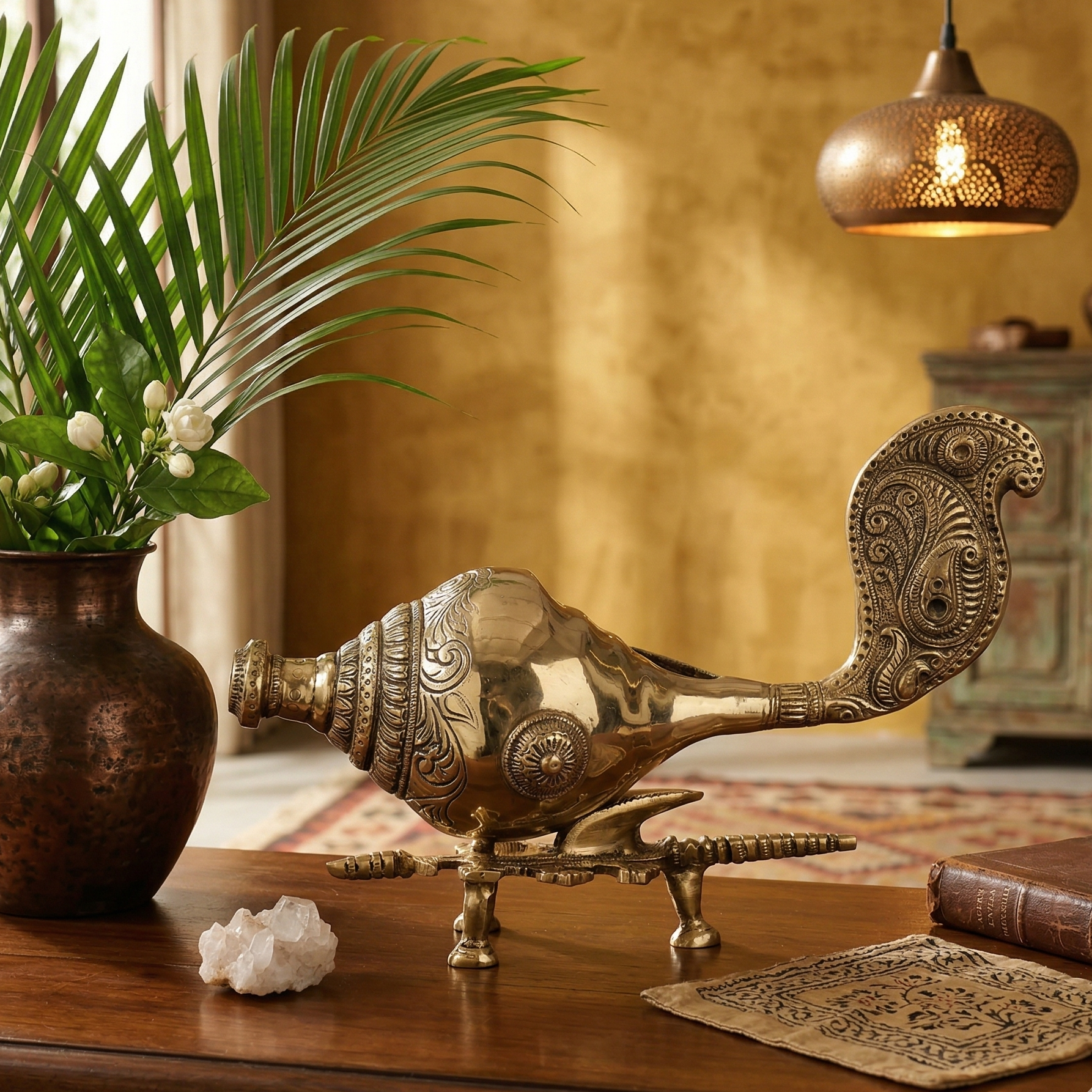 Handcrafted Brass Shankh - Peacock Detailing