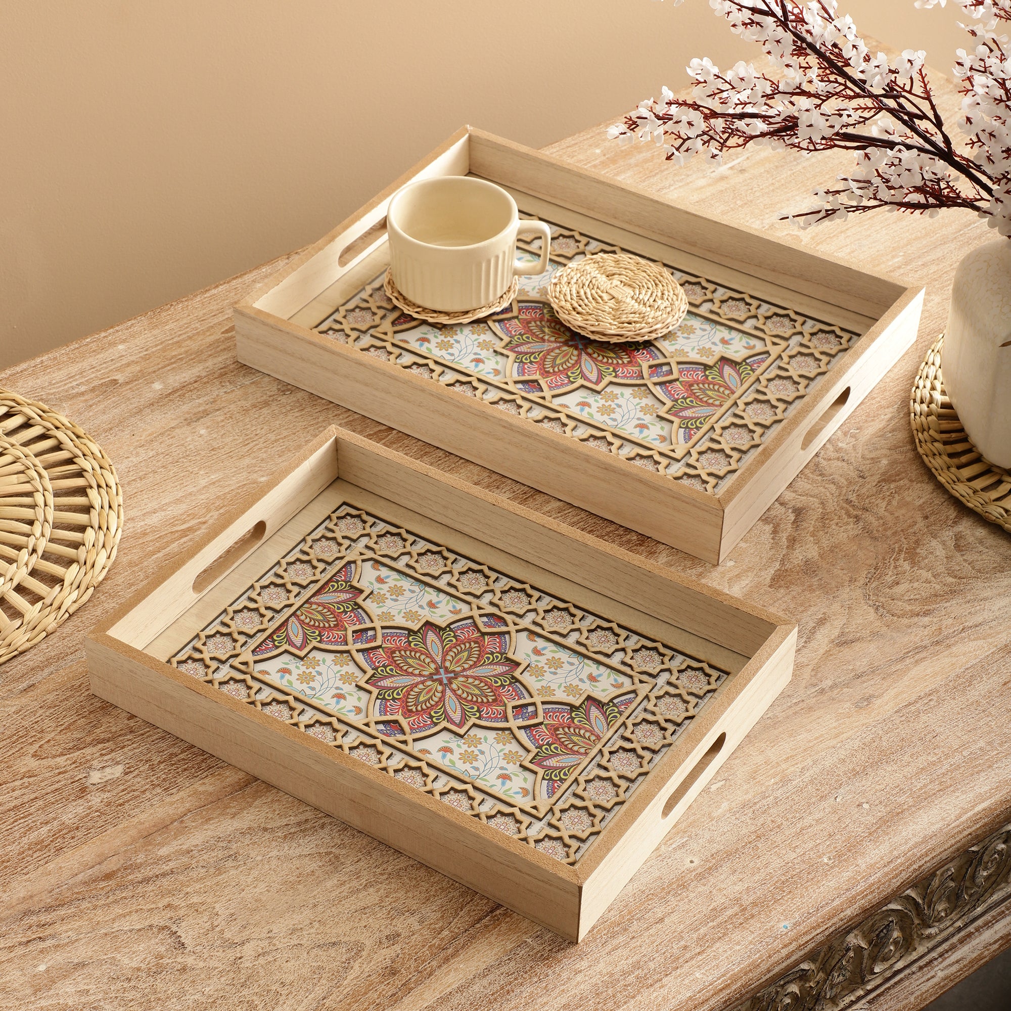 Diamond Pattern Wooden Serving Tray (Set of 2)