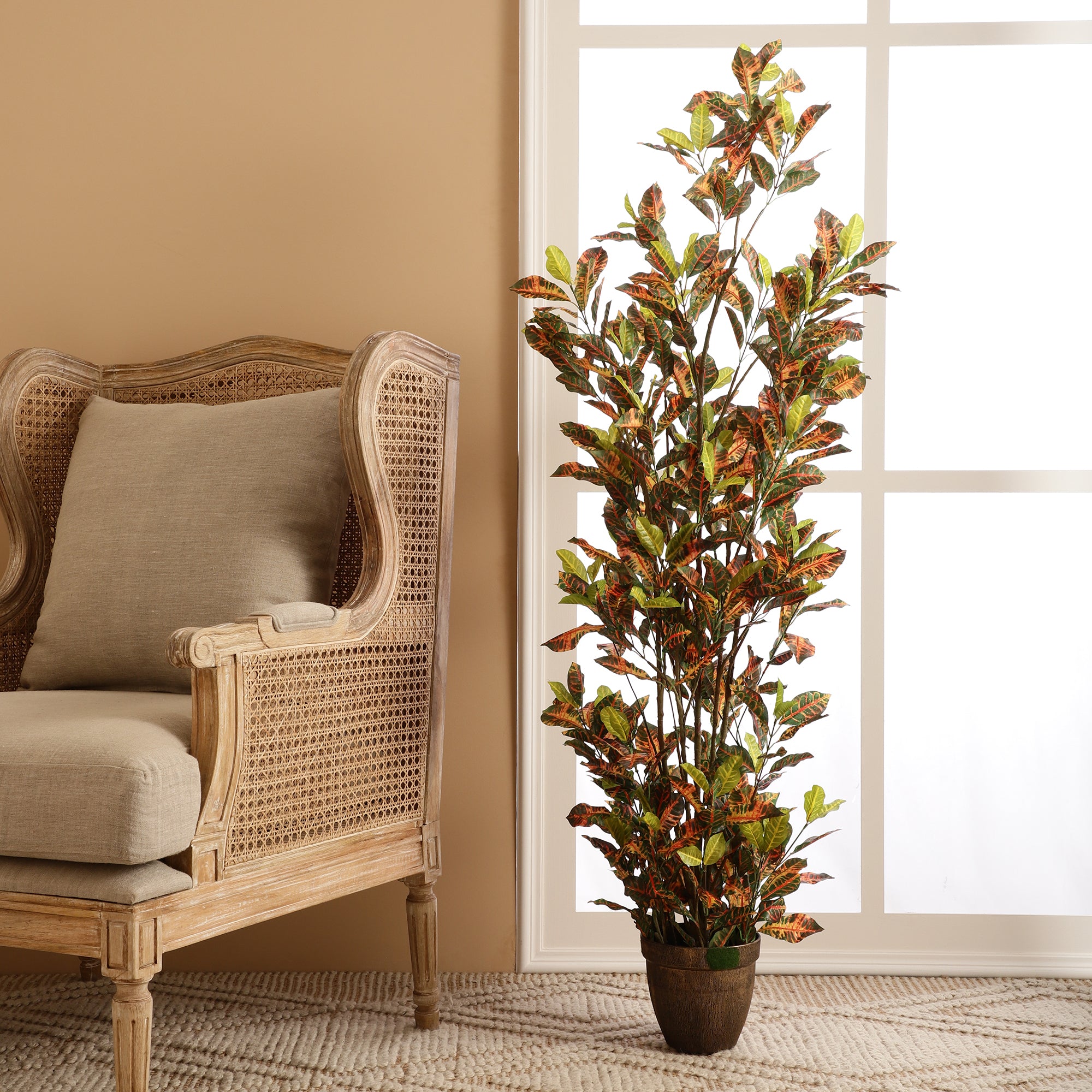 Blush Pink and Green Croton Faux Plant with Pot
