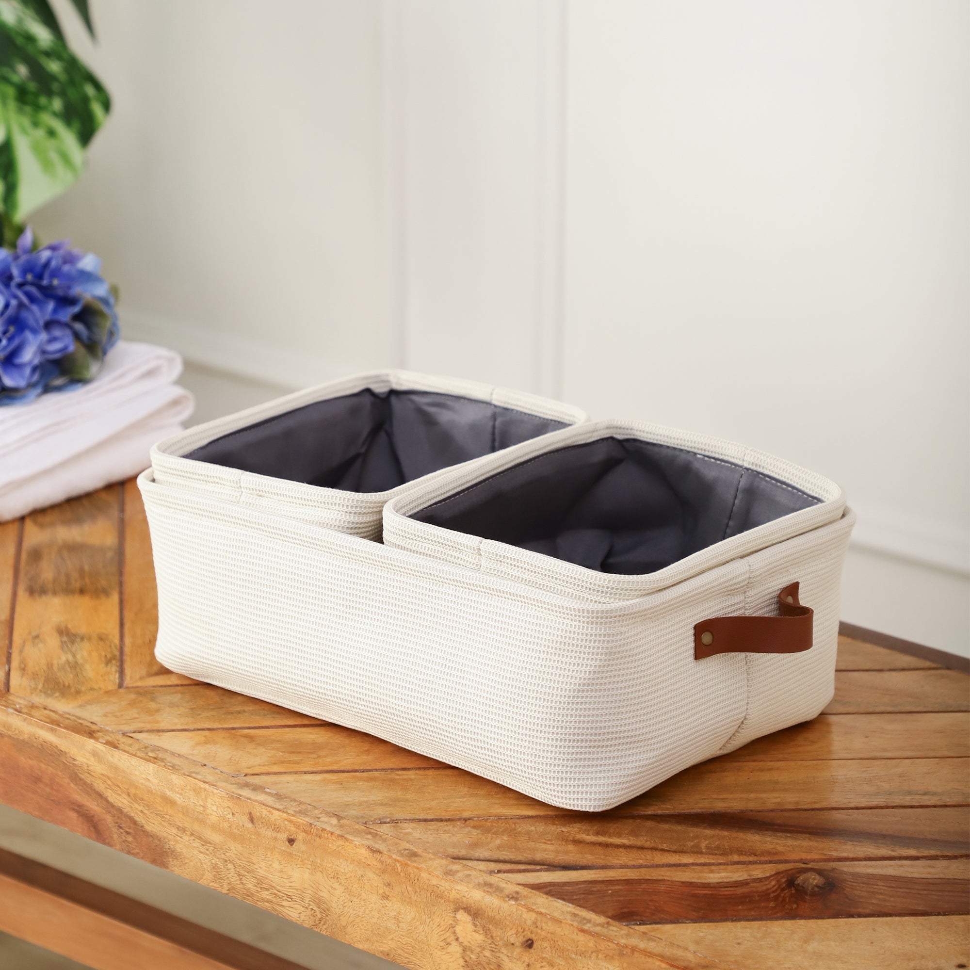 Off-White Storage Set with Leather Pulls (Set of 3)