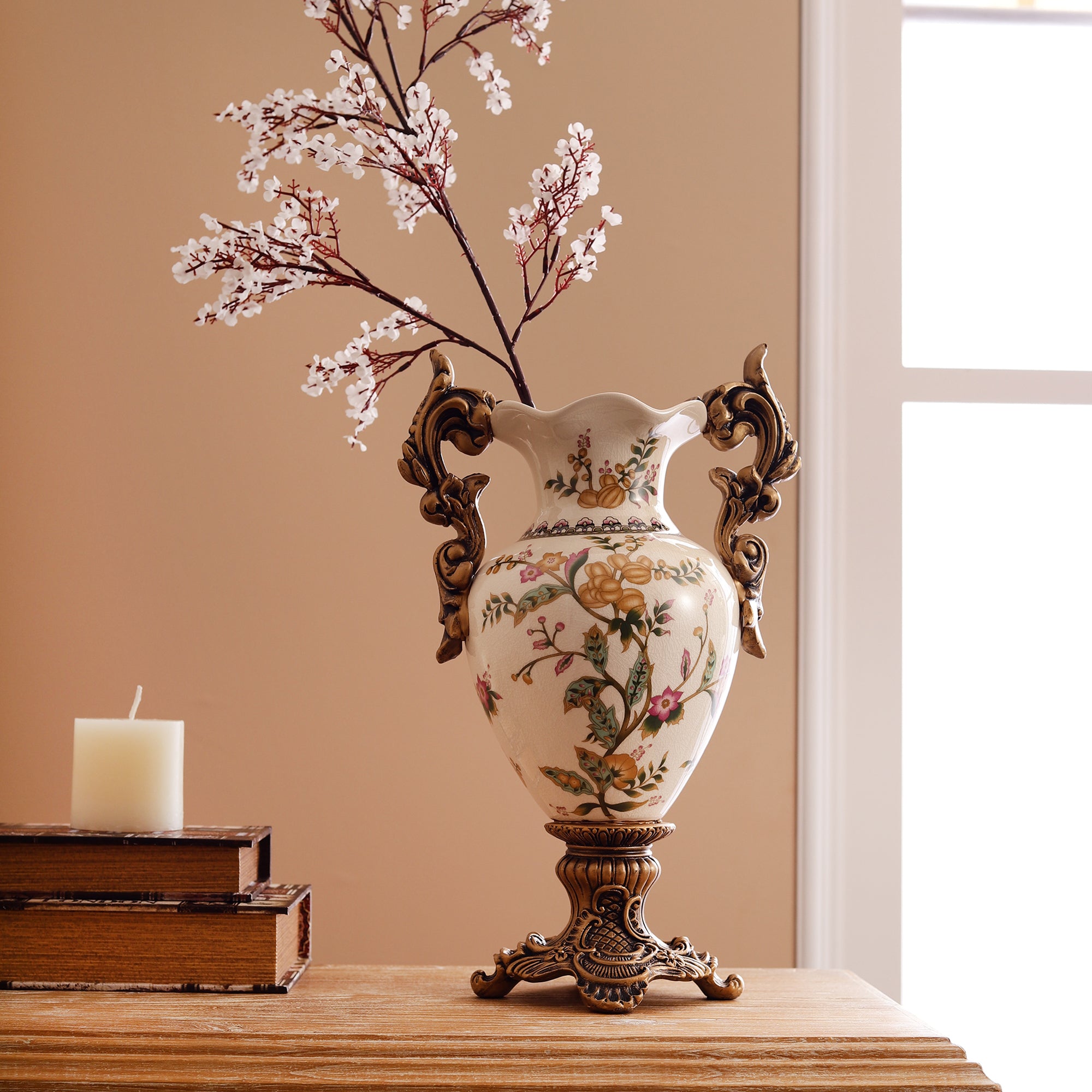 Yellow Regal Ceramic Vase with Gold Handles