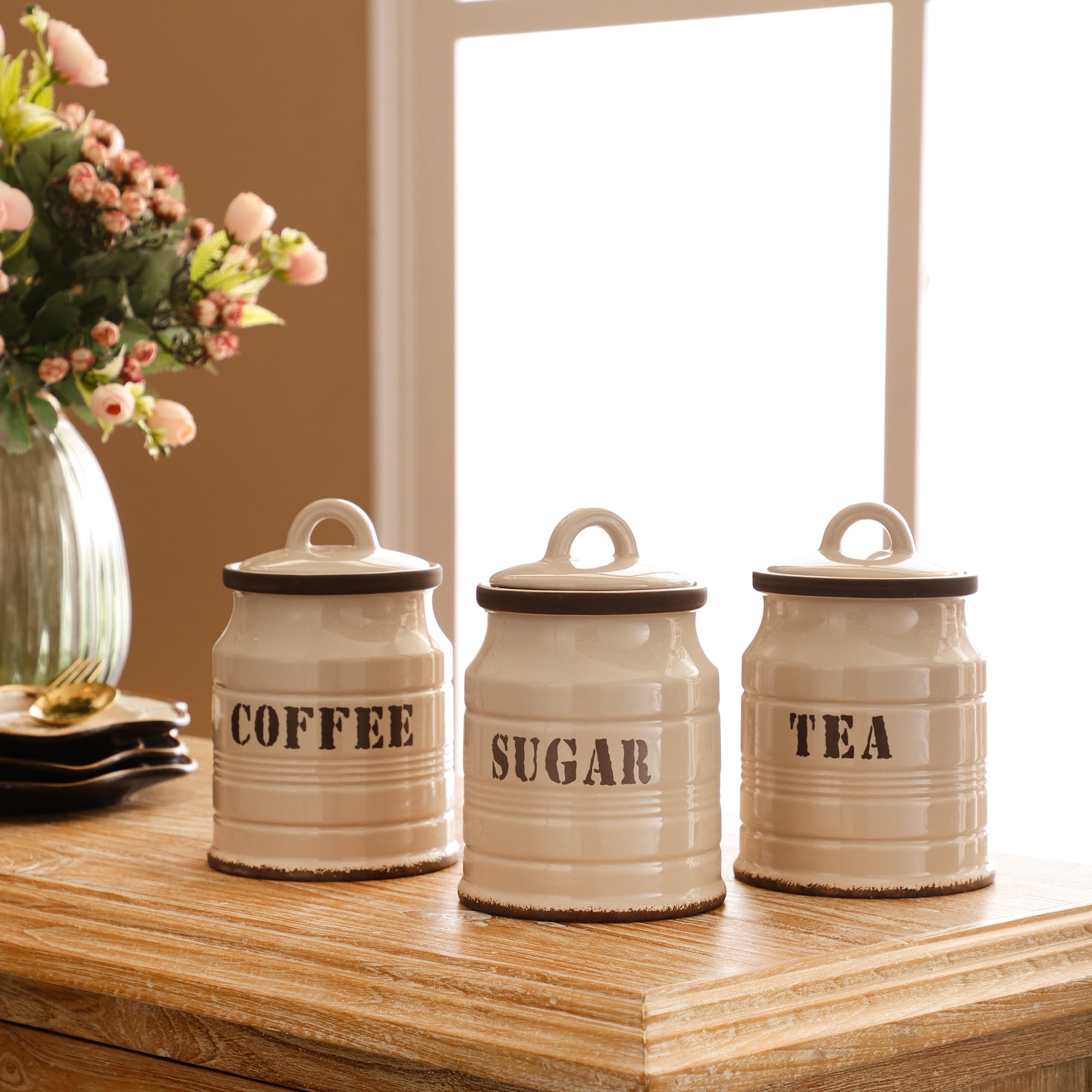 Ceramic Kitchen Jars - Cream (Set of 3)