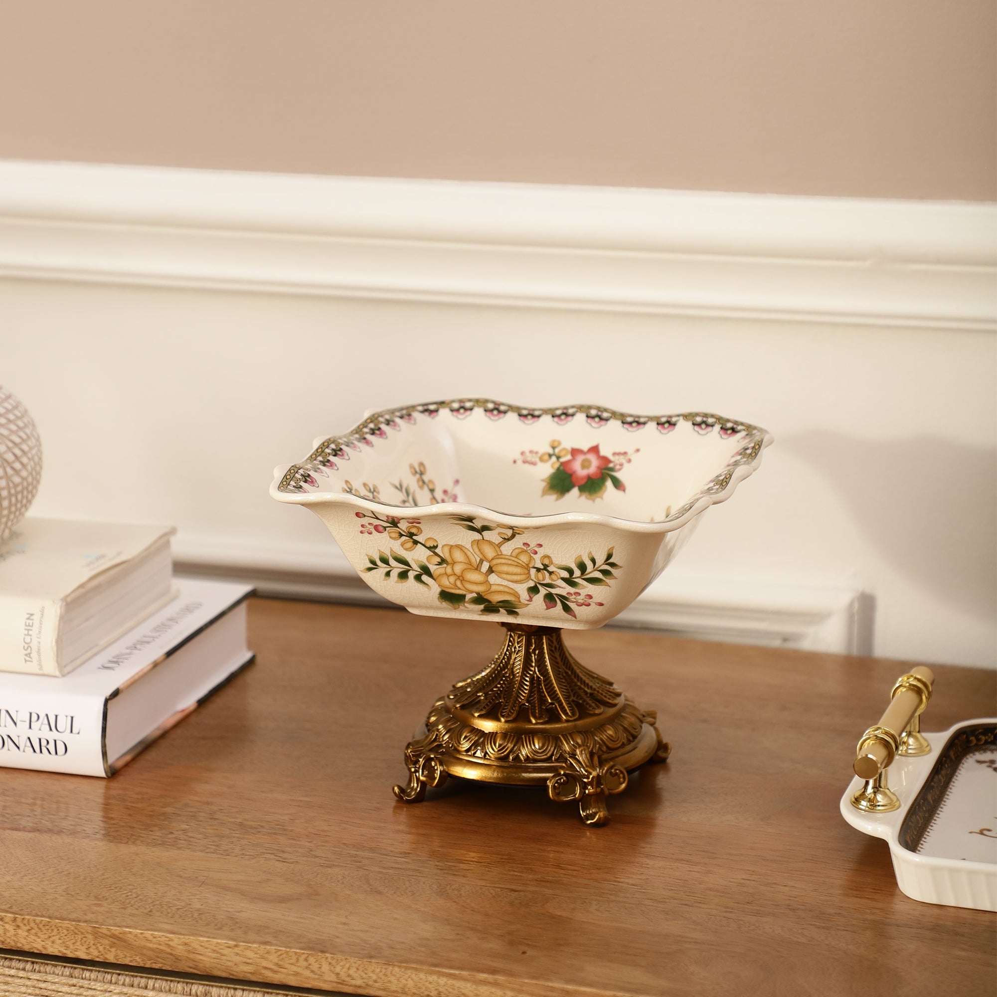 Yellow Square Ceramic Bowl With Gold Base