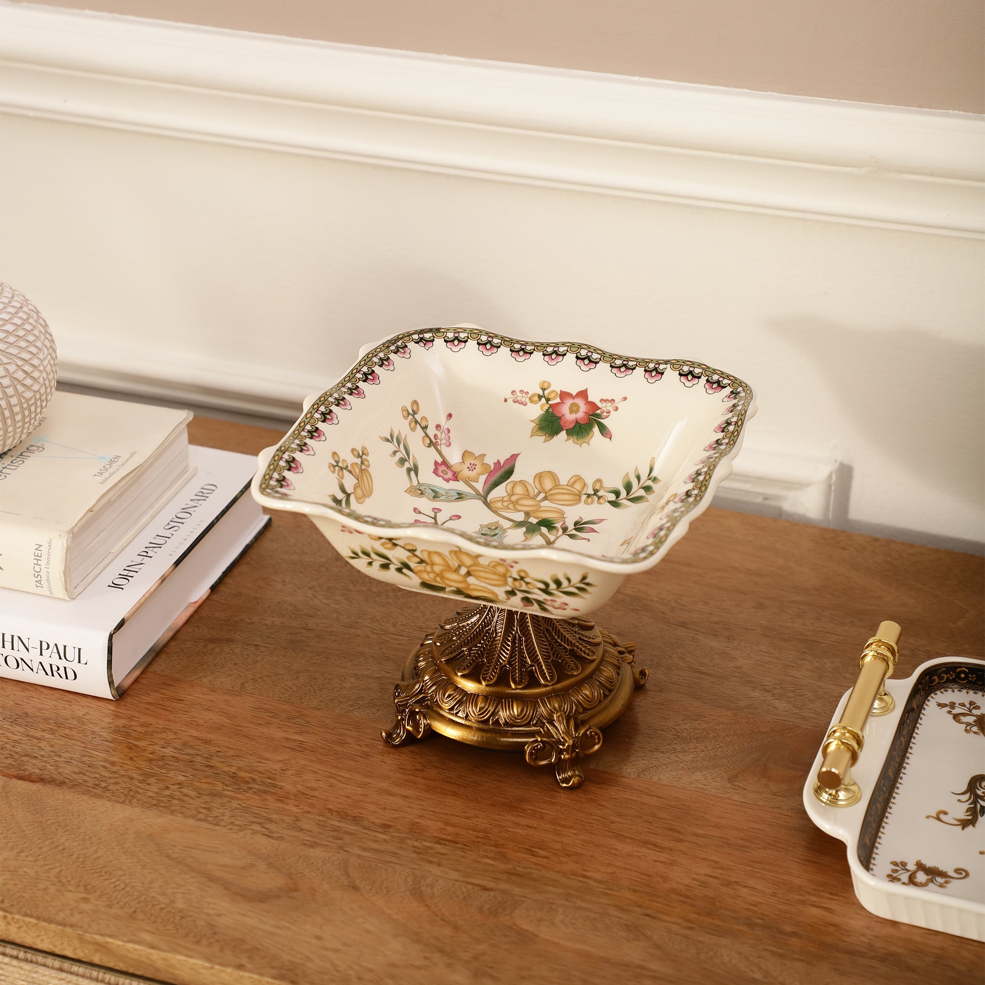 Yellow Square Ceramic Bowl With Gold Base