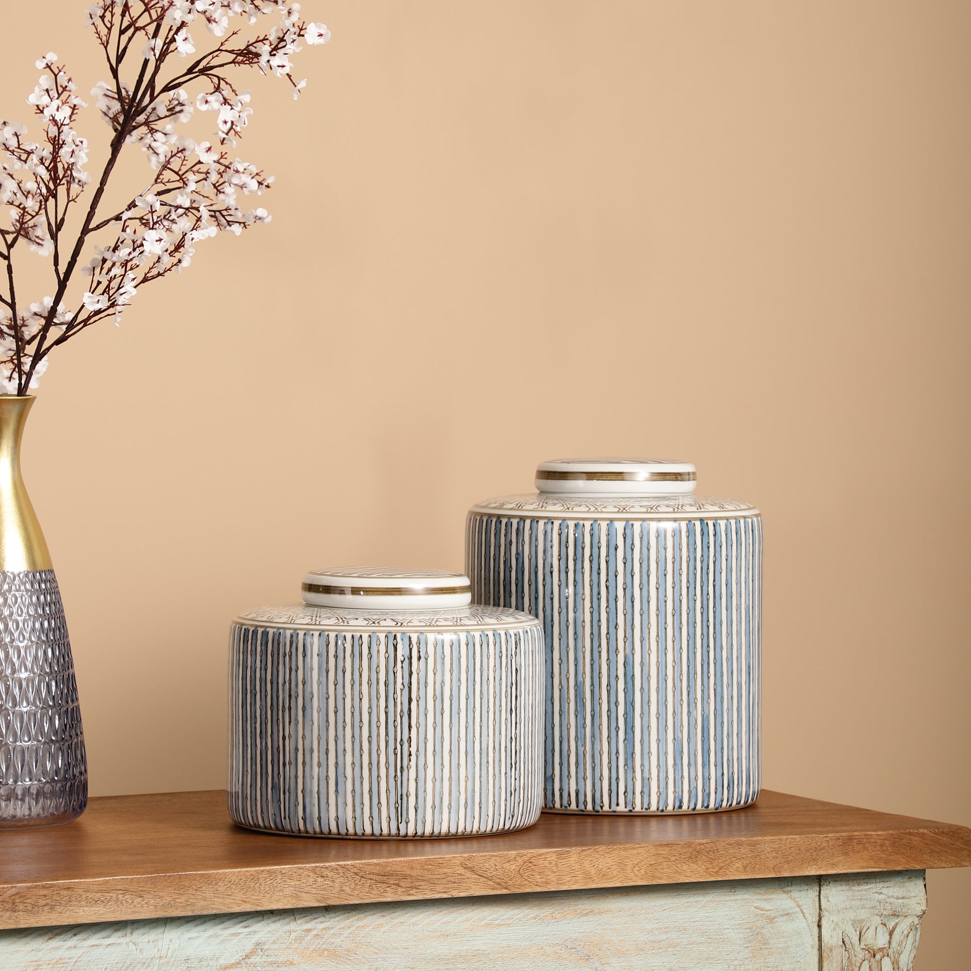 Blue Striped Broad Jar with Lid (Single)
