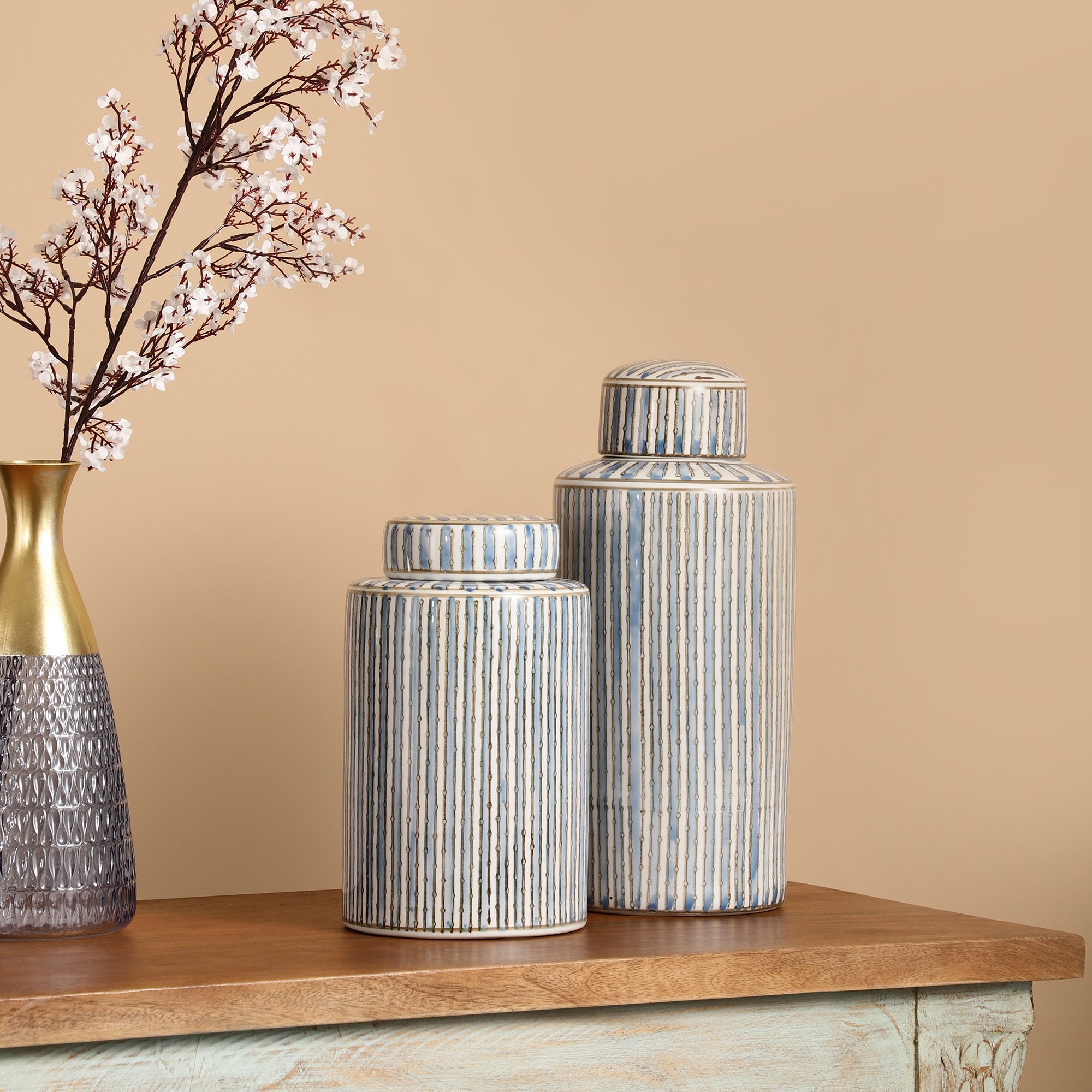 Blue Striped Tall Jar with Lid (Single)