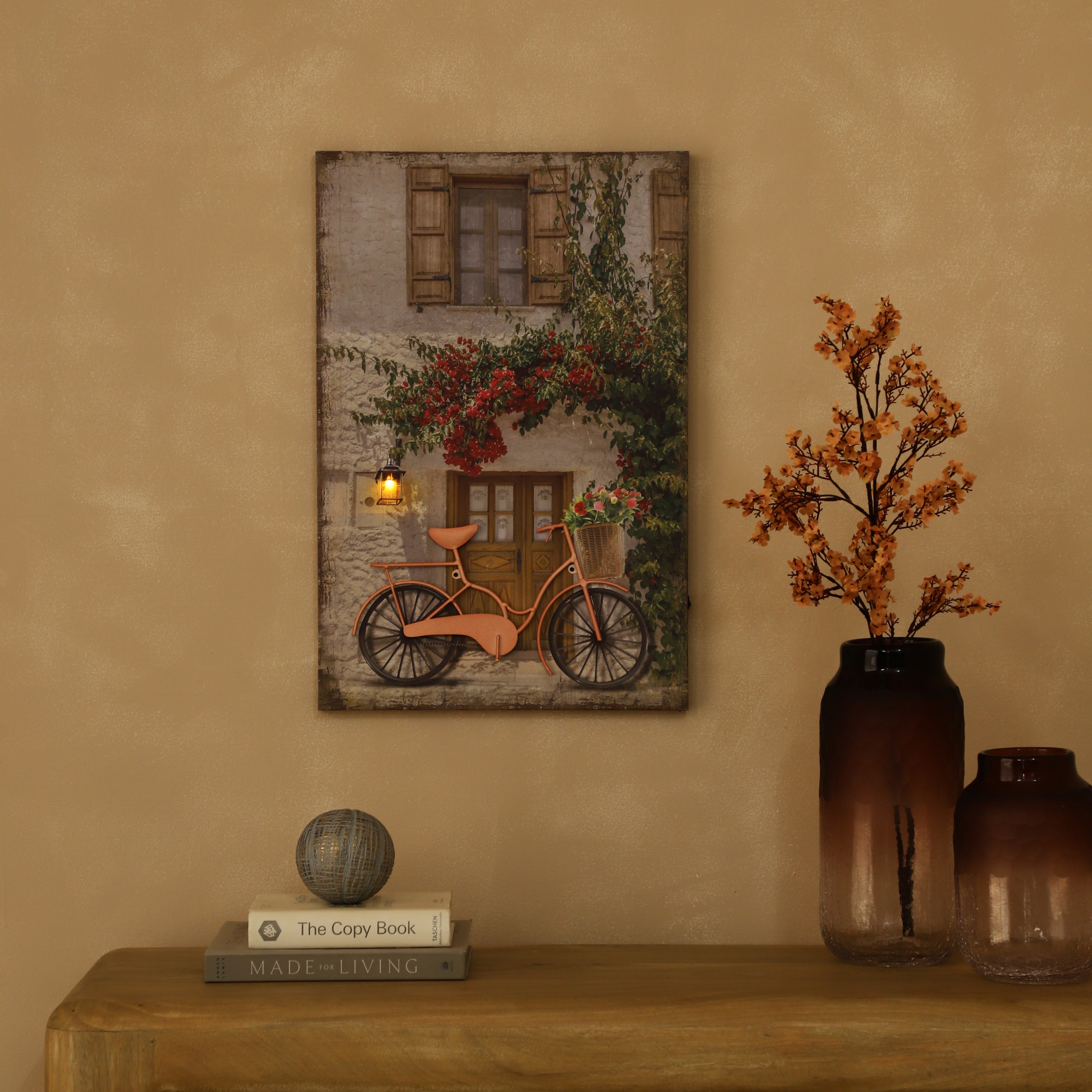 Bicycle & Cottage Canvas Art with Battery-Powered Light