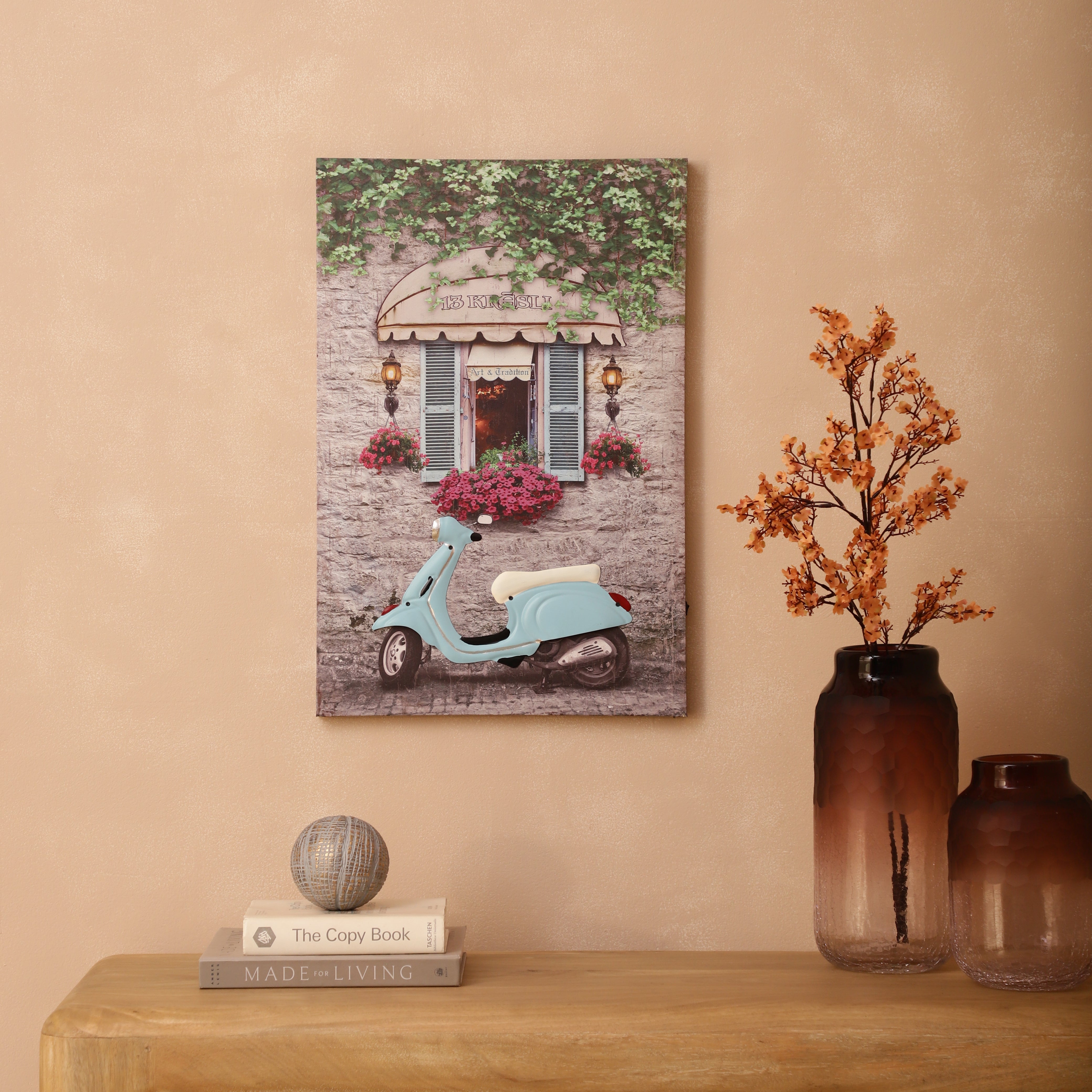 Blue Vespa Courtyard Canvas Art with Battery-Powered Light