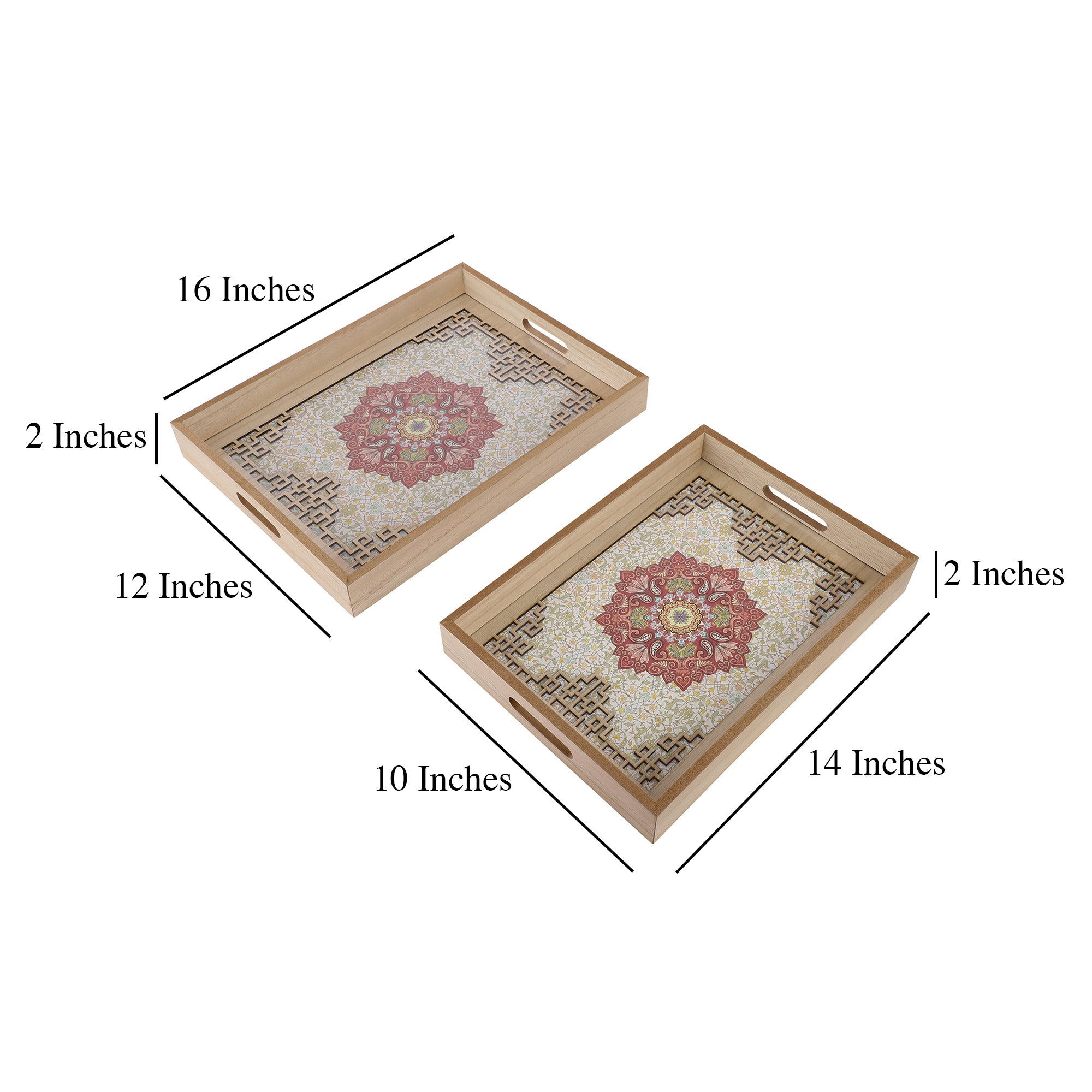 Floral Pattern Wooden Serving Tray (Set of 2)