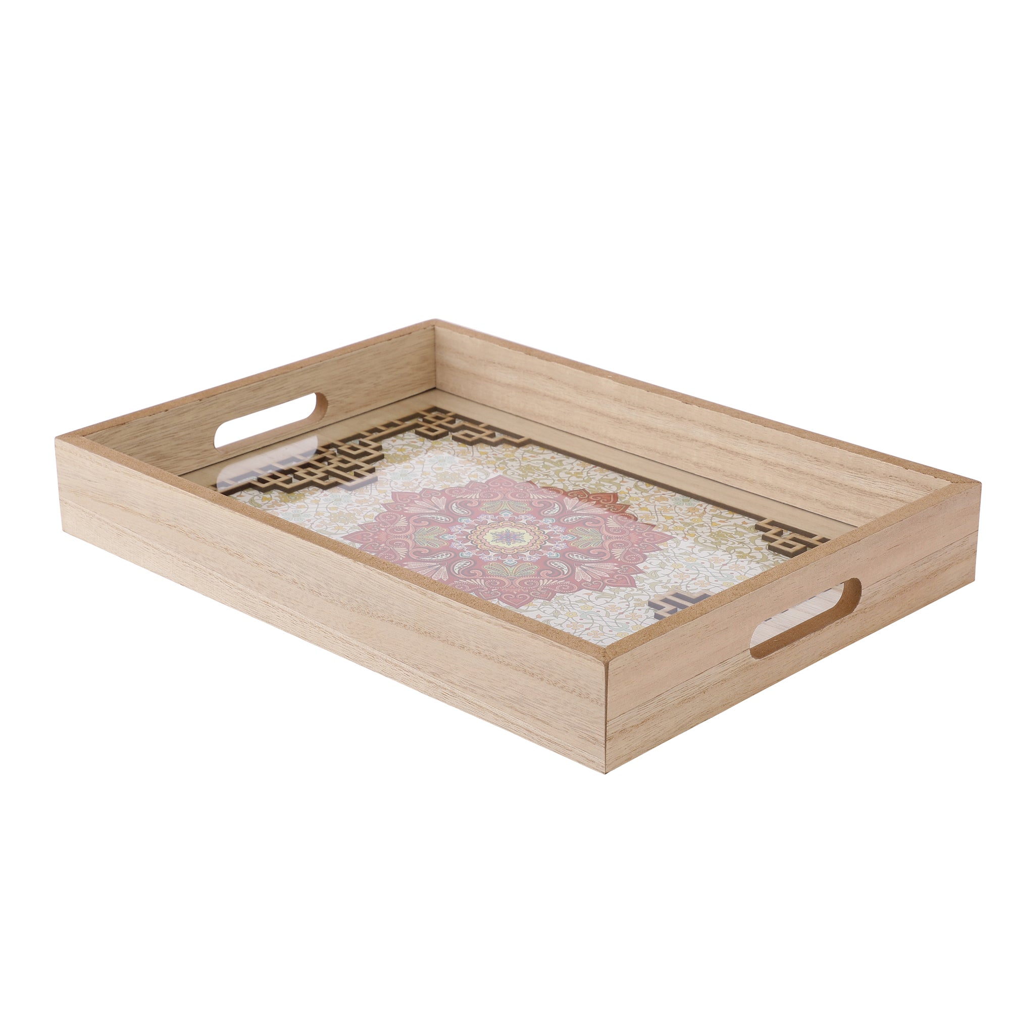 Floral Pattern Wooden Serving Tray (Set of 2)