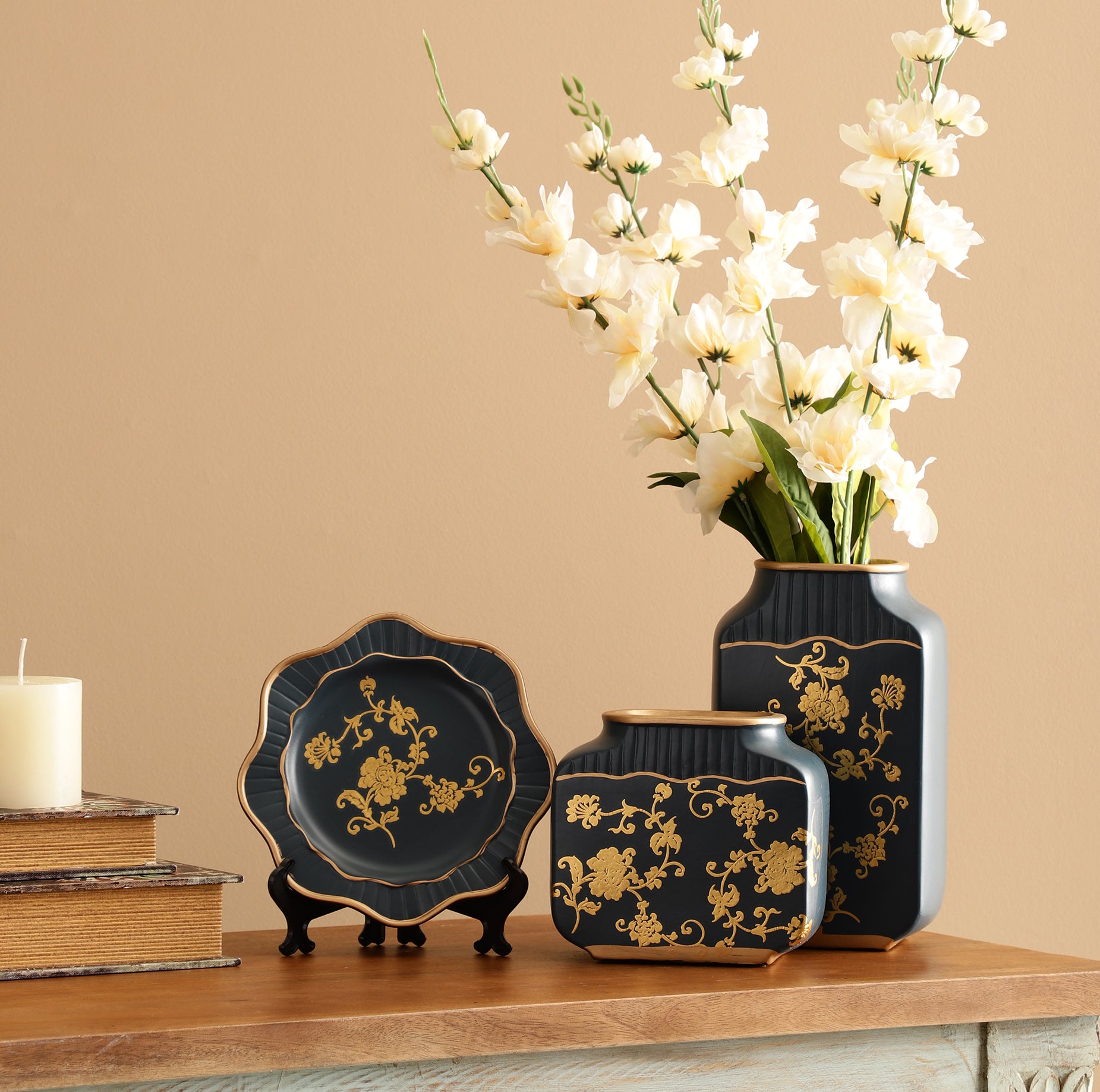 Navy Regal Gold Floral Pattern Ceramic Vase Set (Set of 3)