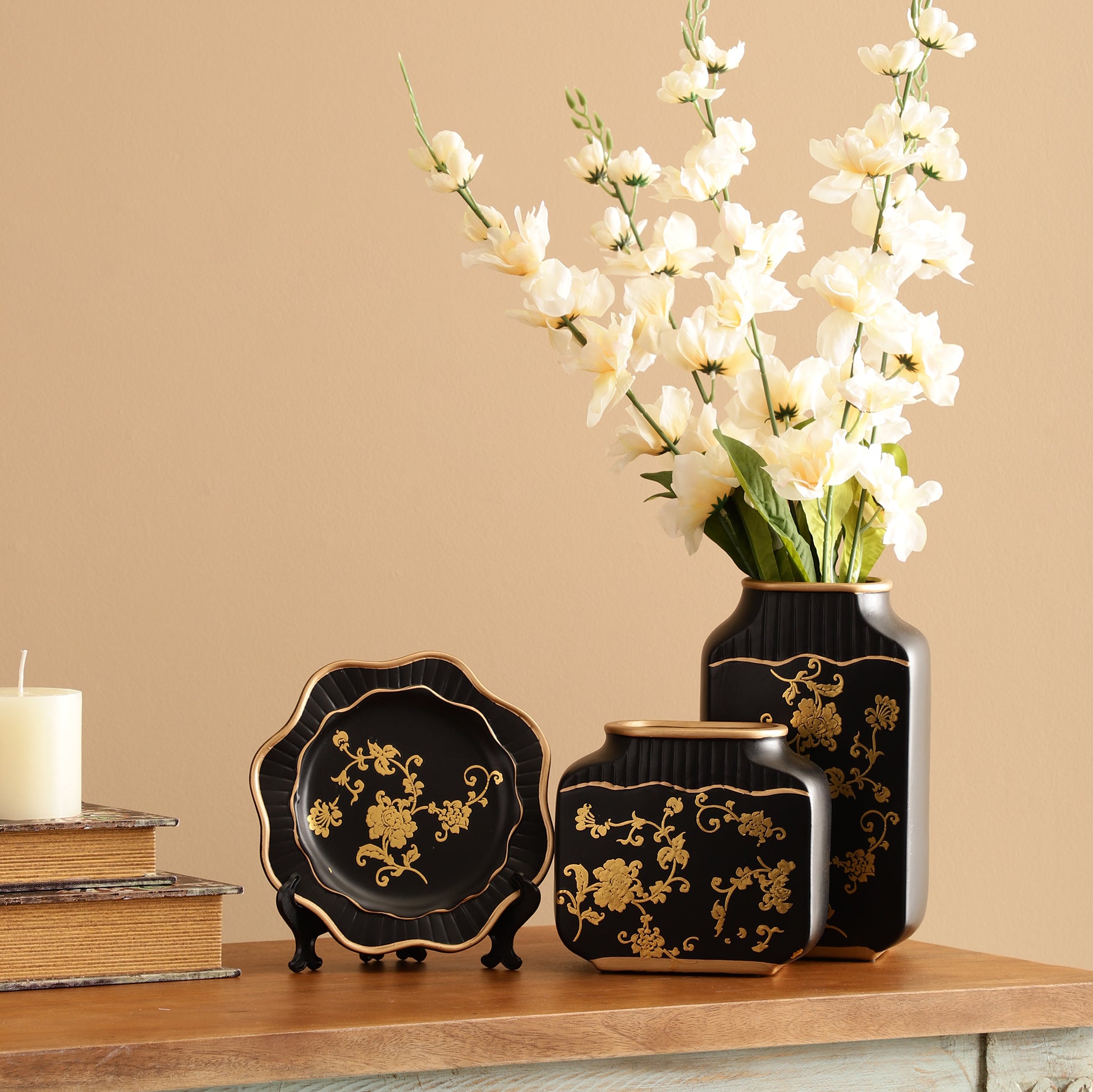 Black Regal Gold Floral Pattern Ceramic Vase Set (Set of 3)