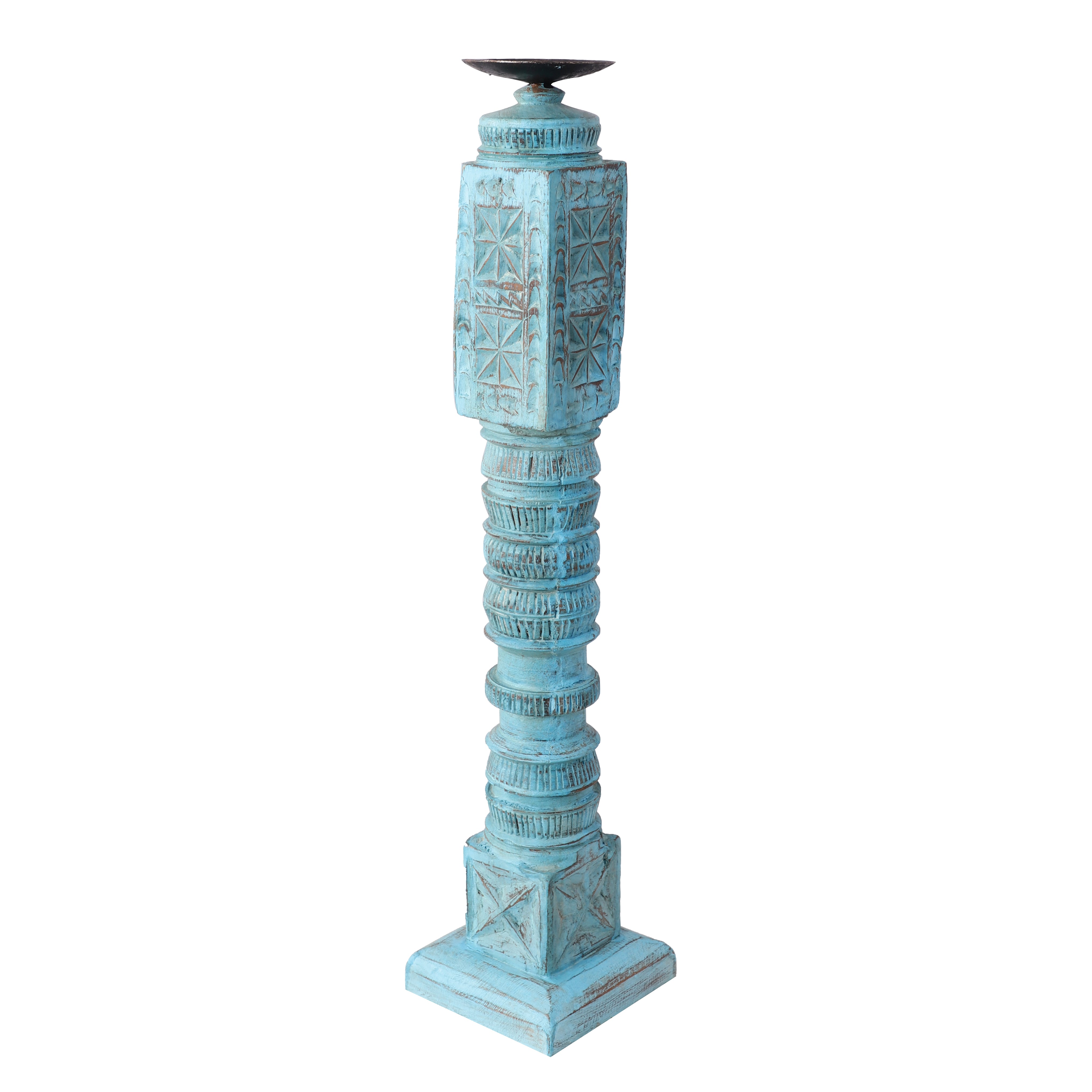 Cross Carved Wooden Candle Stand (Blue)