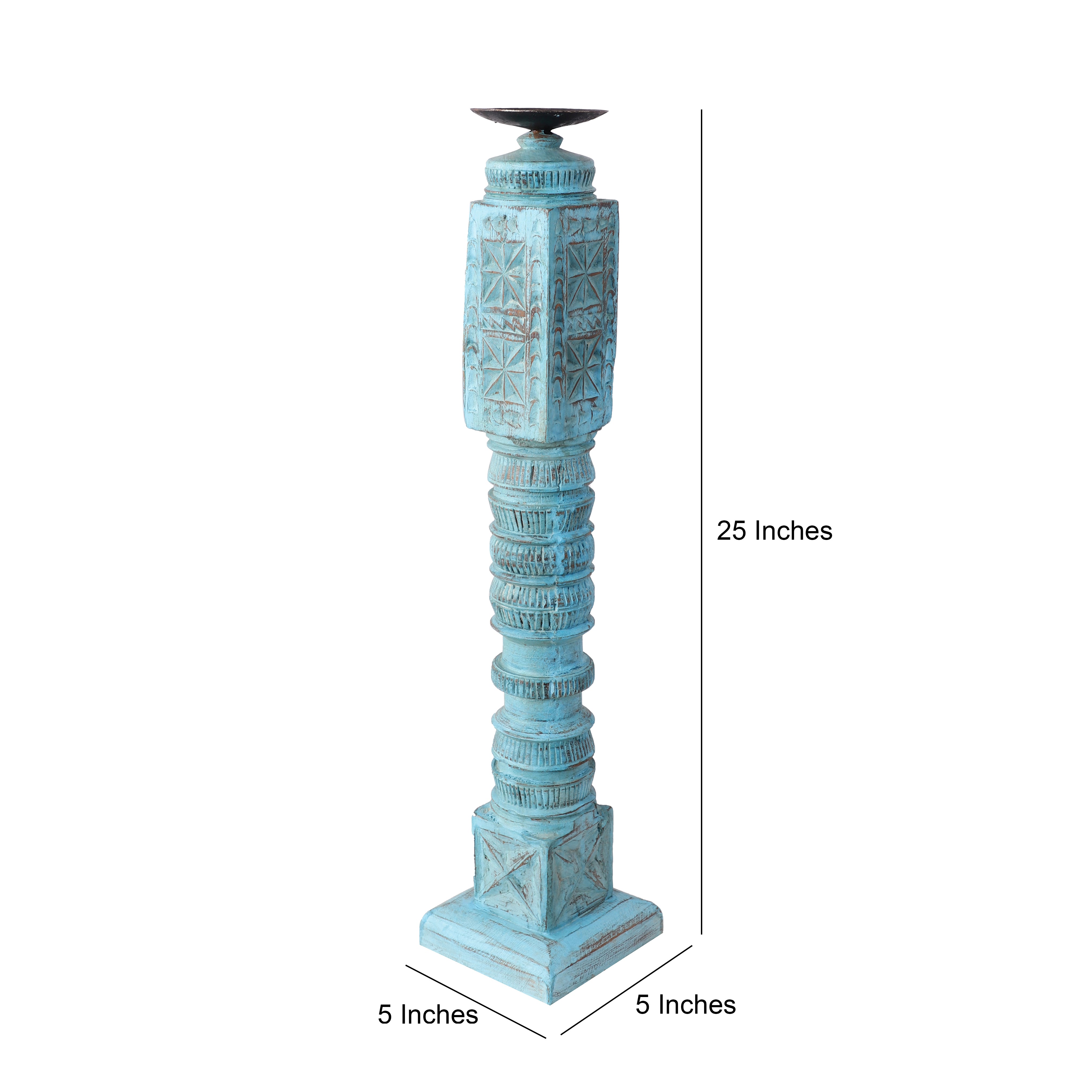 Cross Carved Wooden Candle Stand (Blue)