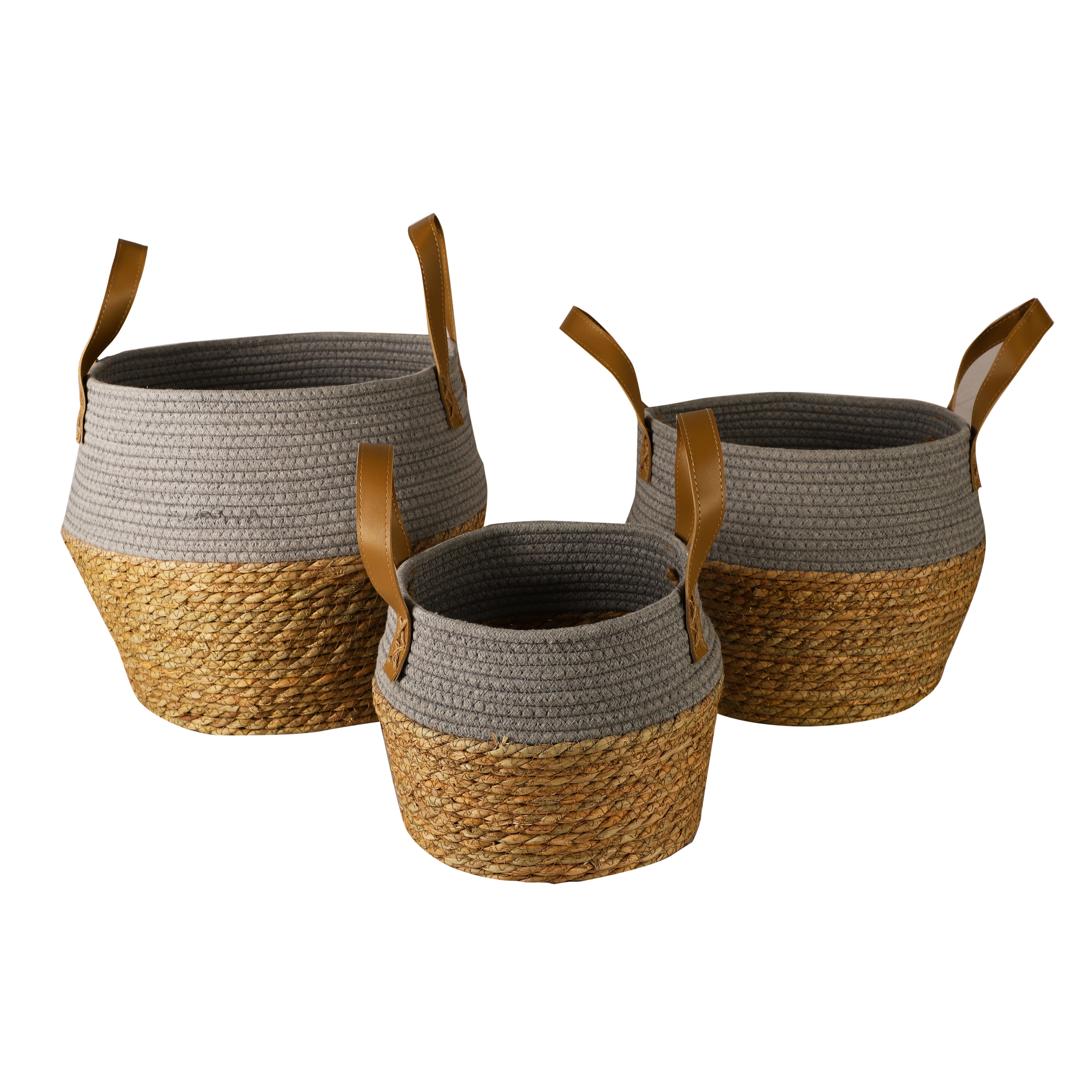 Jute and Fabric Plant Baskets with Handle (Set of 3) - Grey