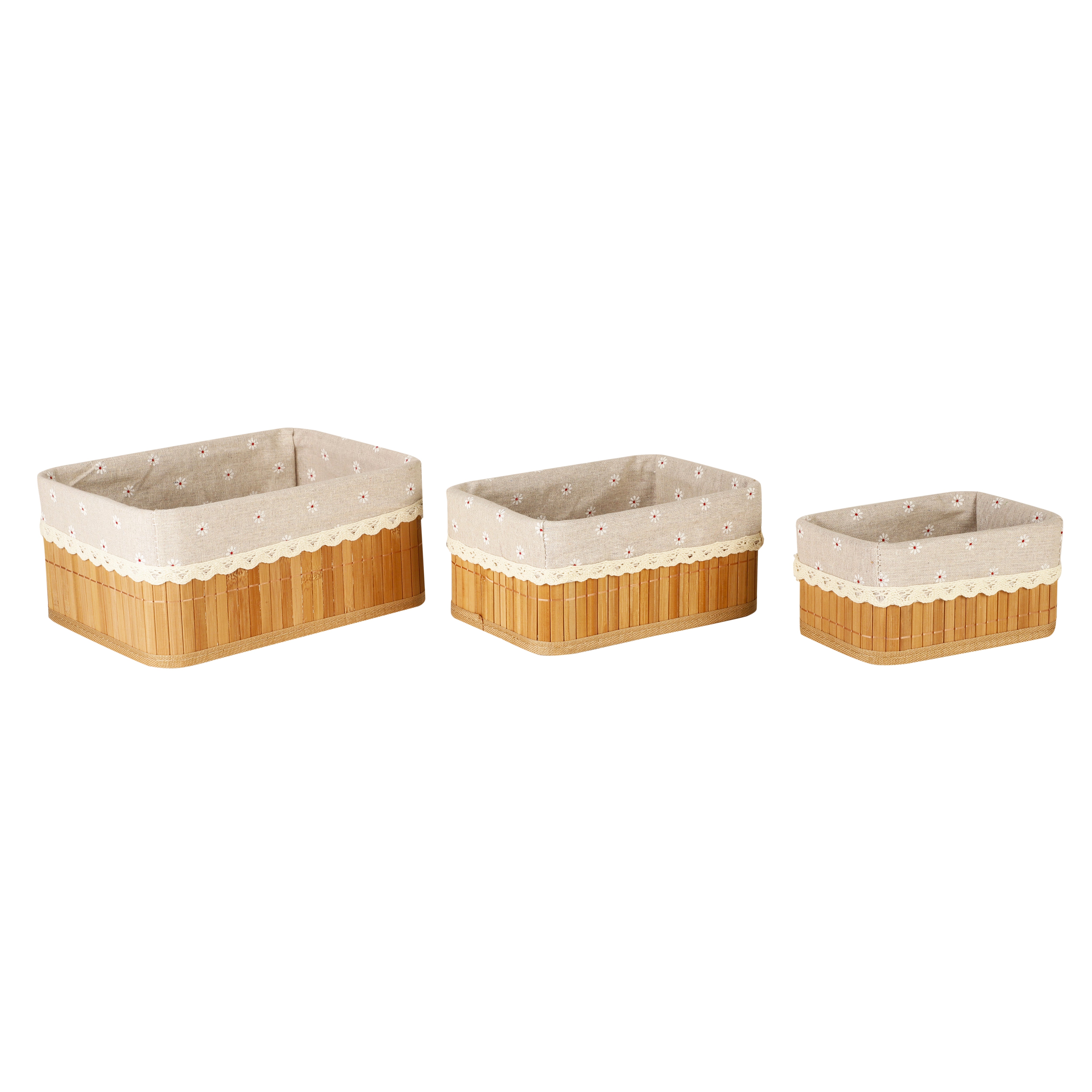 Bamboo Lined Storage Baskets (Set of 3) - Rectangle/Beige
