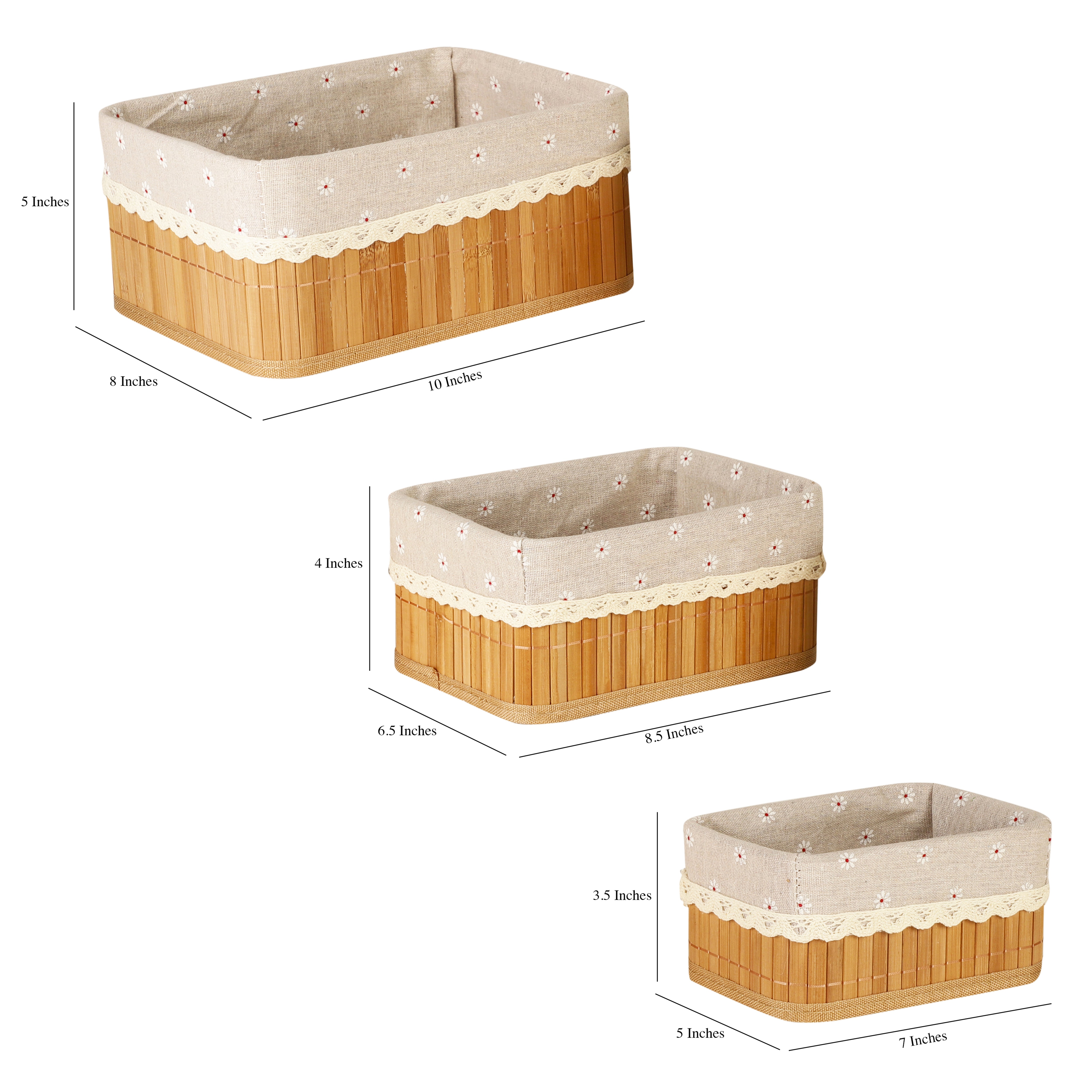 Bamboo Lined Storage Baskets (Set of 3) - Rectangle/Beige