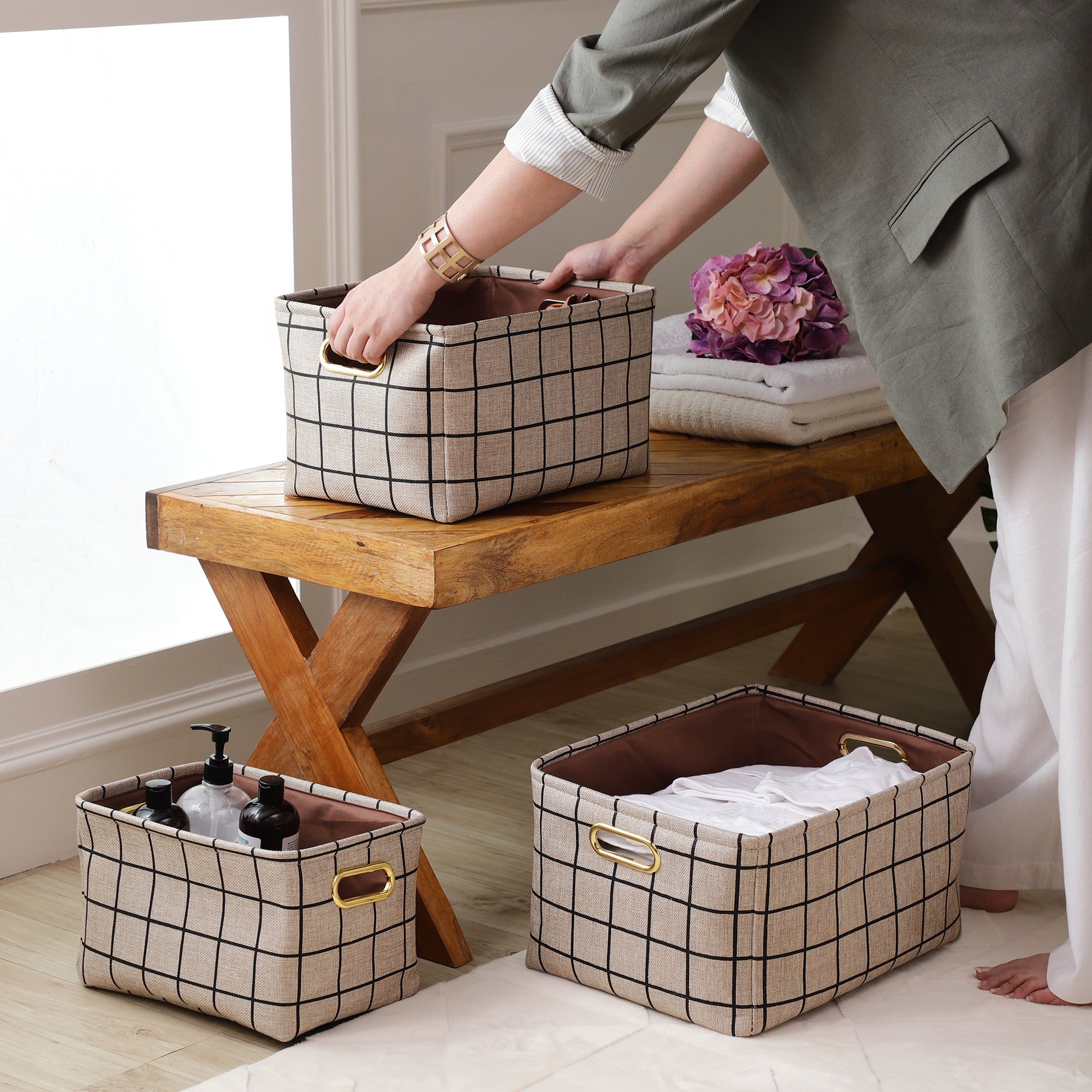 Verona Checks Storage Bins (Set of 3)